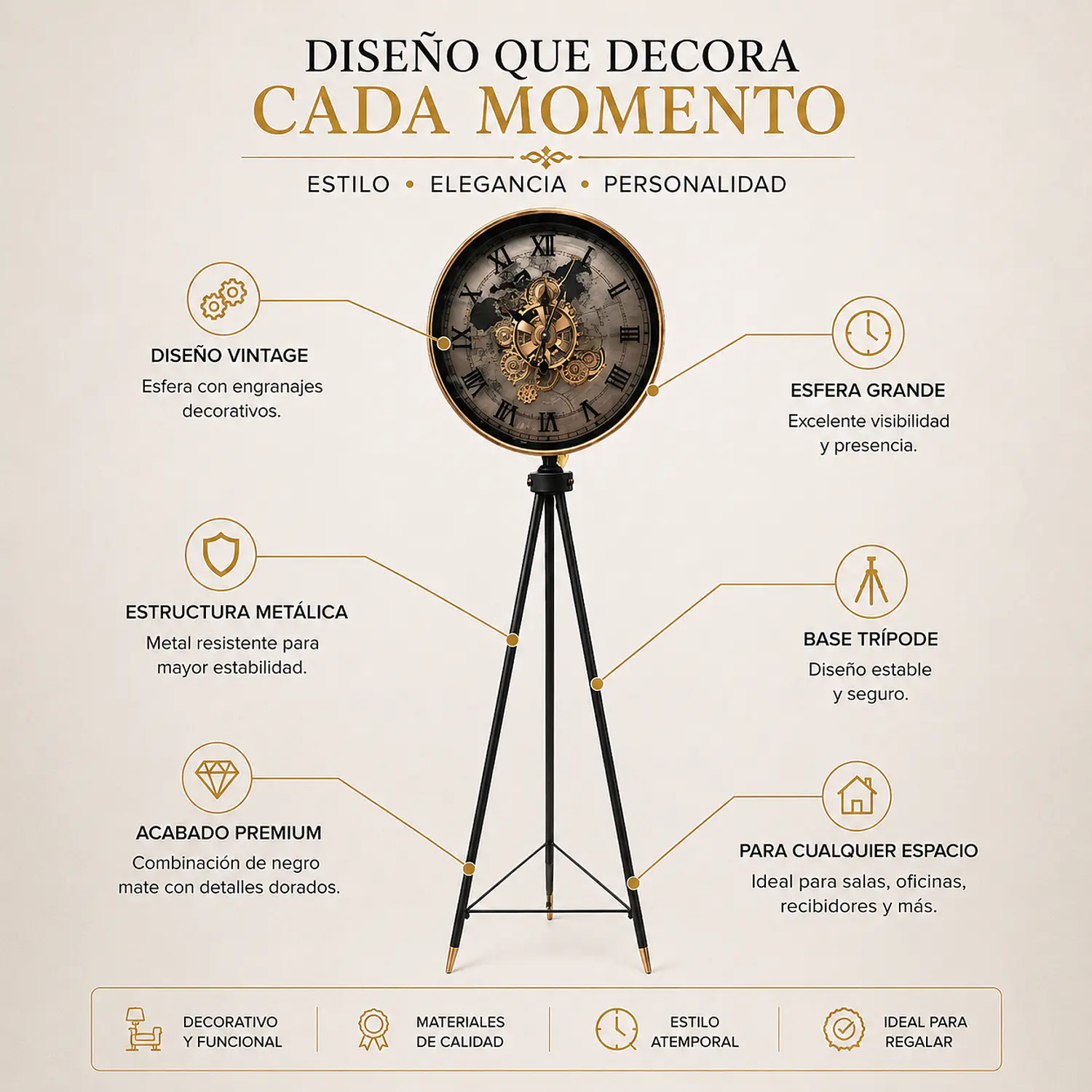 Reloj de Pie Negro con Dorado Vintage Decorativo 2
