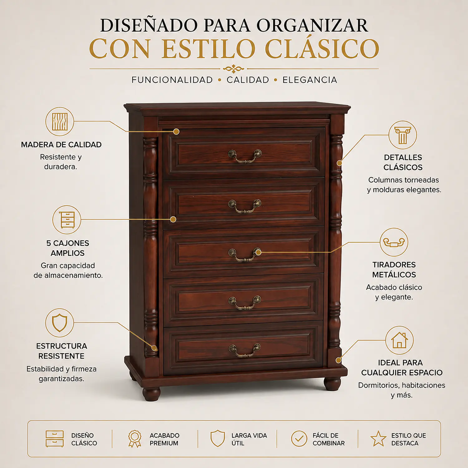Gabetero Clásico Ruanda de Madera con 5 Cajones 3