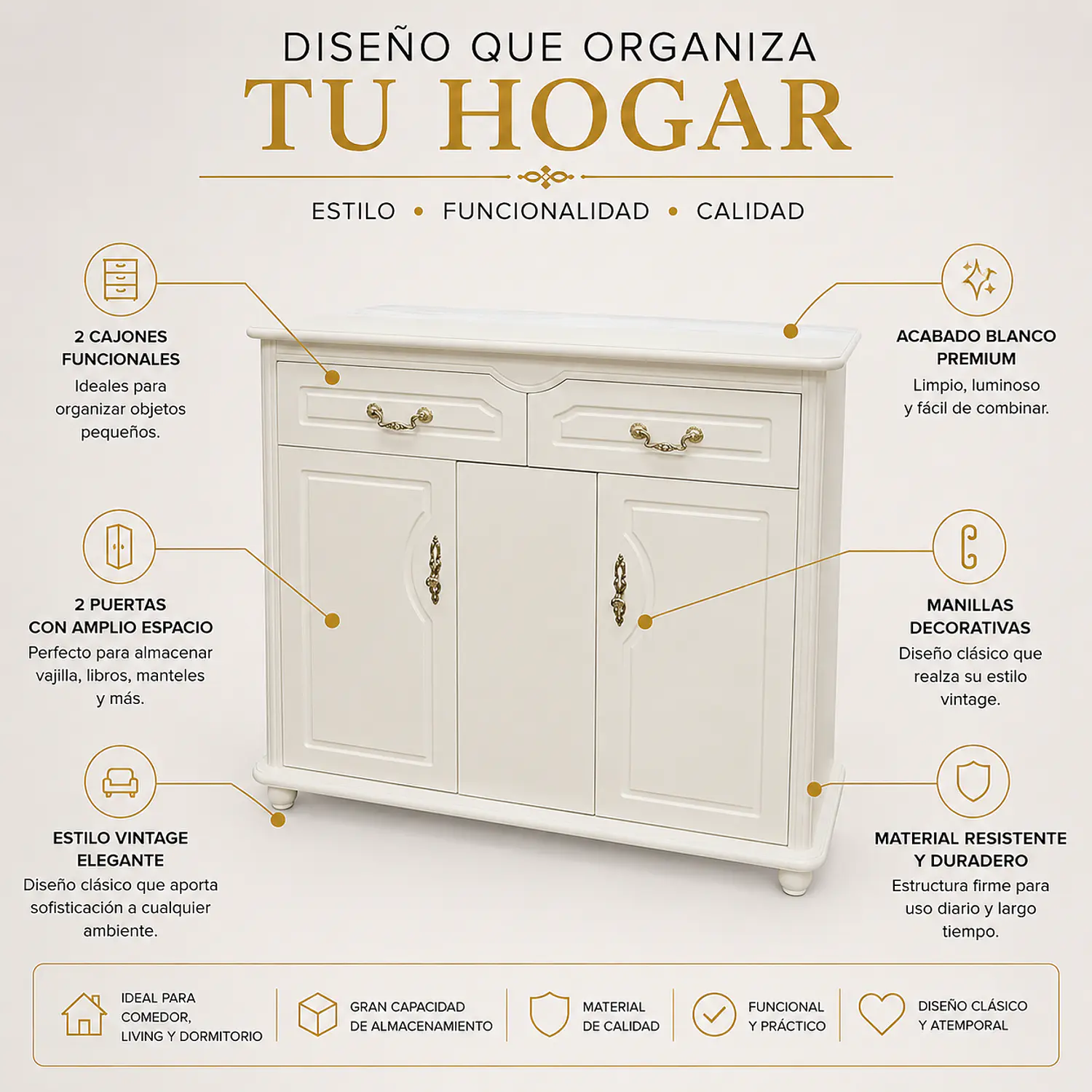 Mueble Vintage Blanco Verona con Cajones y Puertas de Madera 2