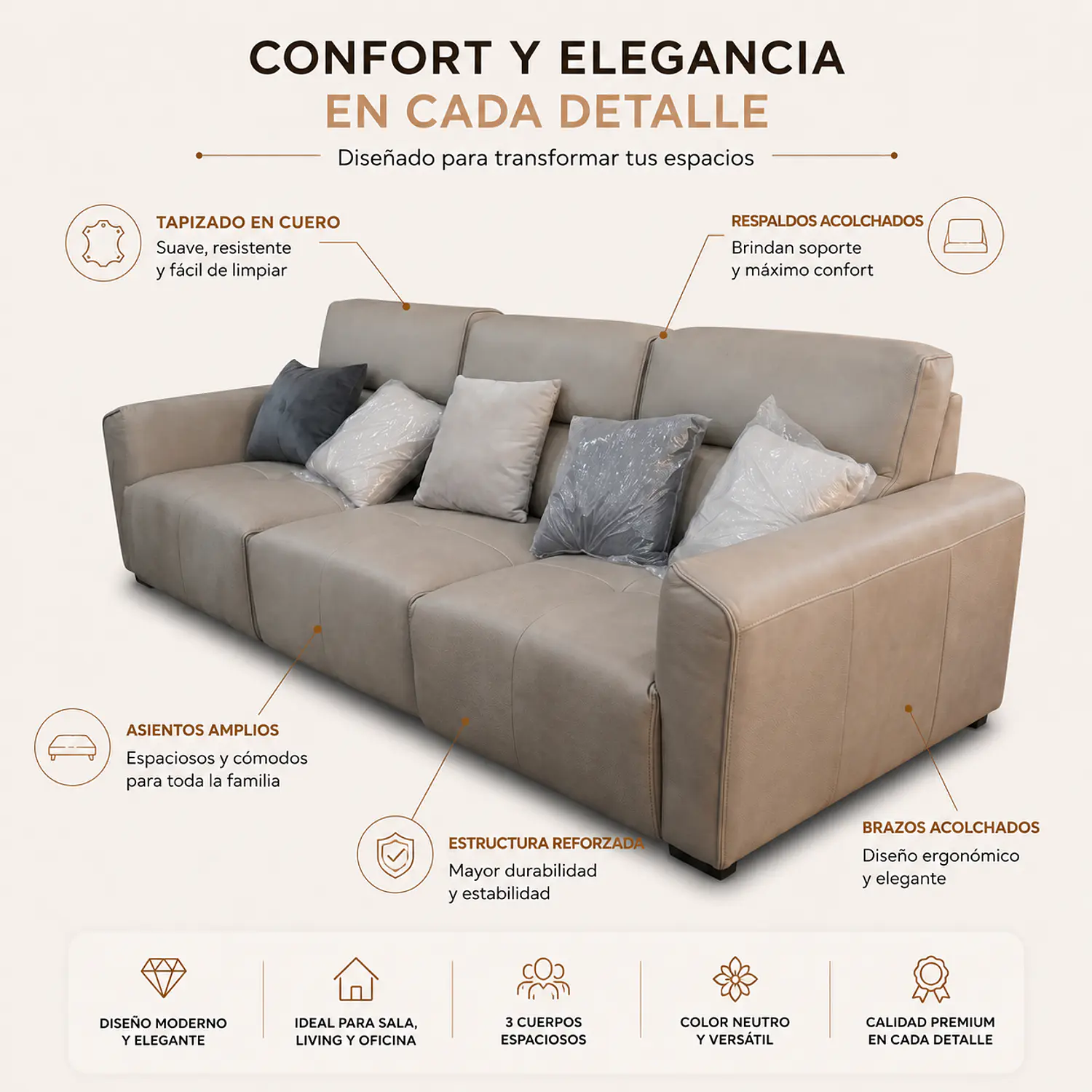 Sofá de Cuero Reclinable Indonesia Gris 3 Cuerpos 2