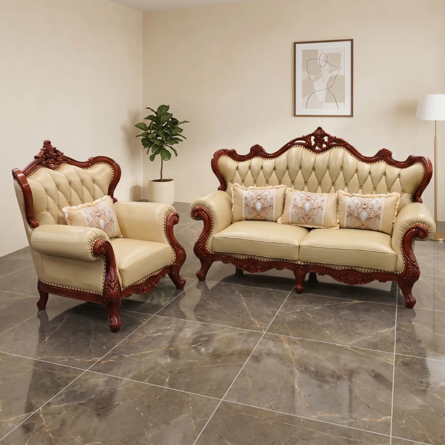 Juego de Living Clásico Valdivia 1 y 2 Cuerpos en Ecocuero Beige 1