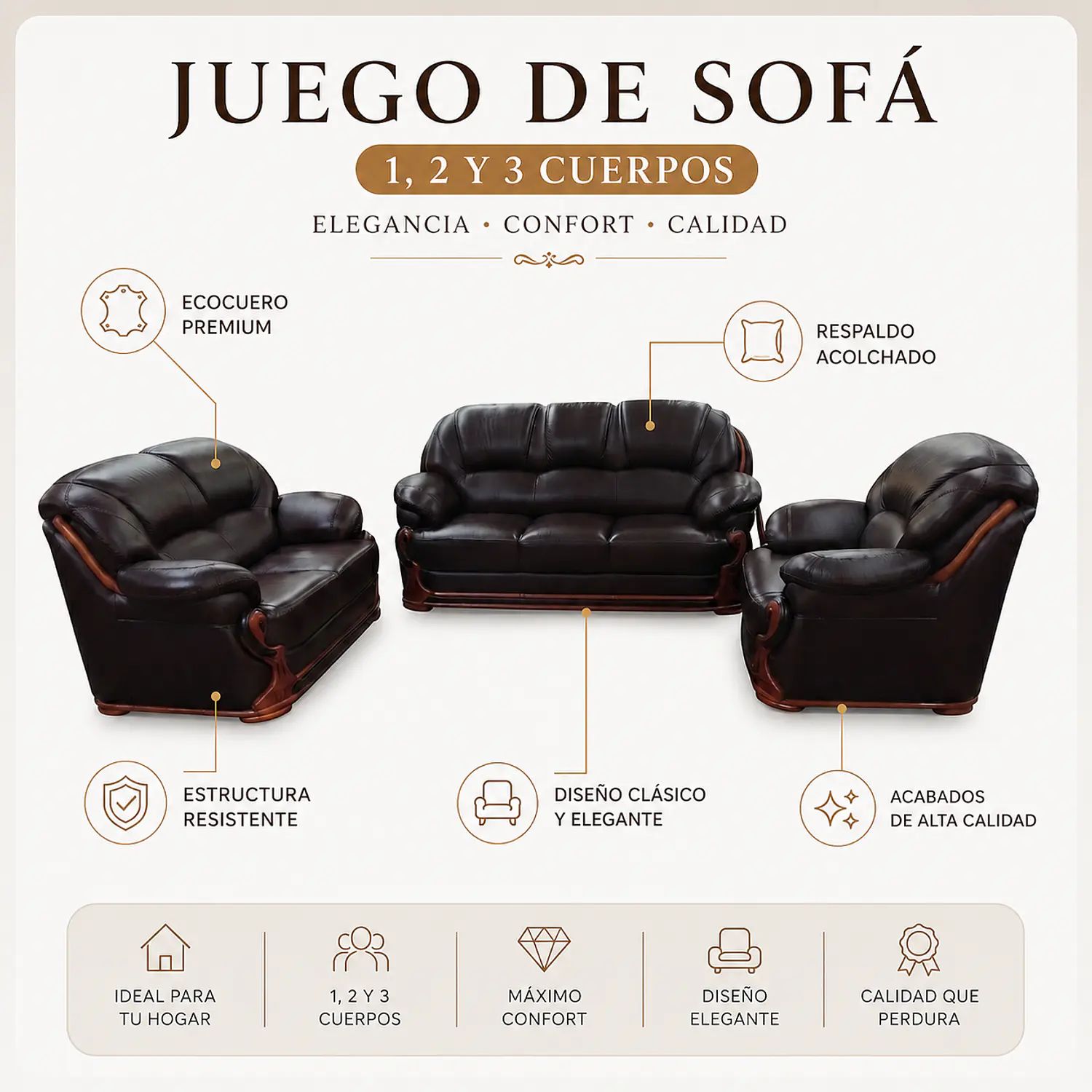 Juego de Sofá Berlín 3, 2 y 1 Cuerpos en Ecocuero Color Chocolate 2
