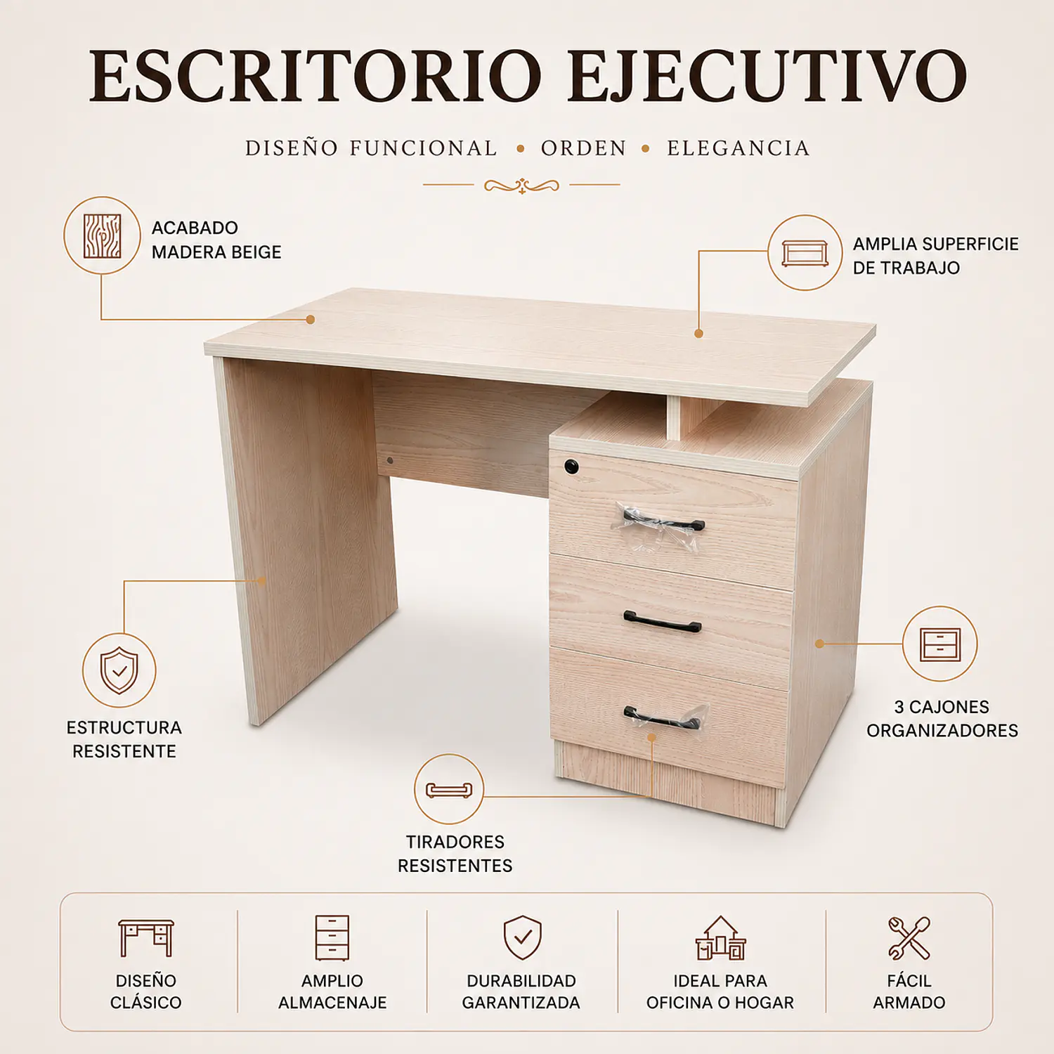 Escritorio Ejecutivo Austin Clásico con 3 Cajones Madera Beige 2