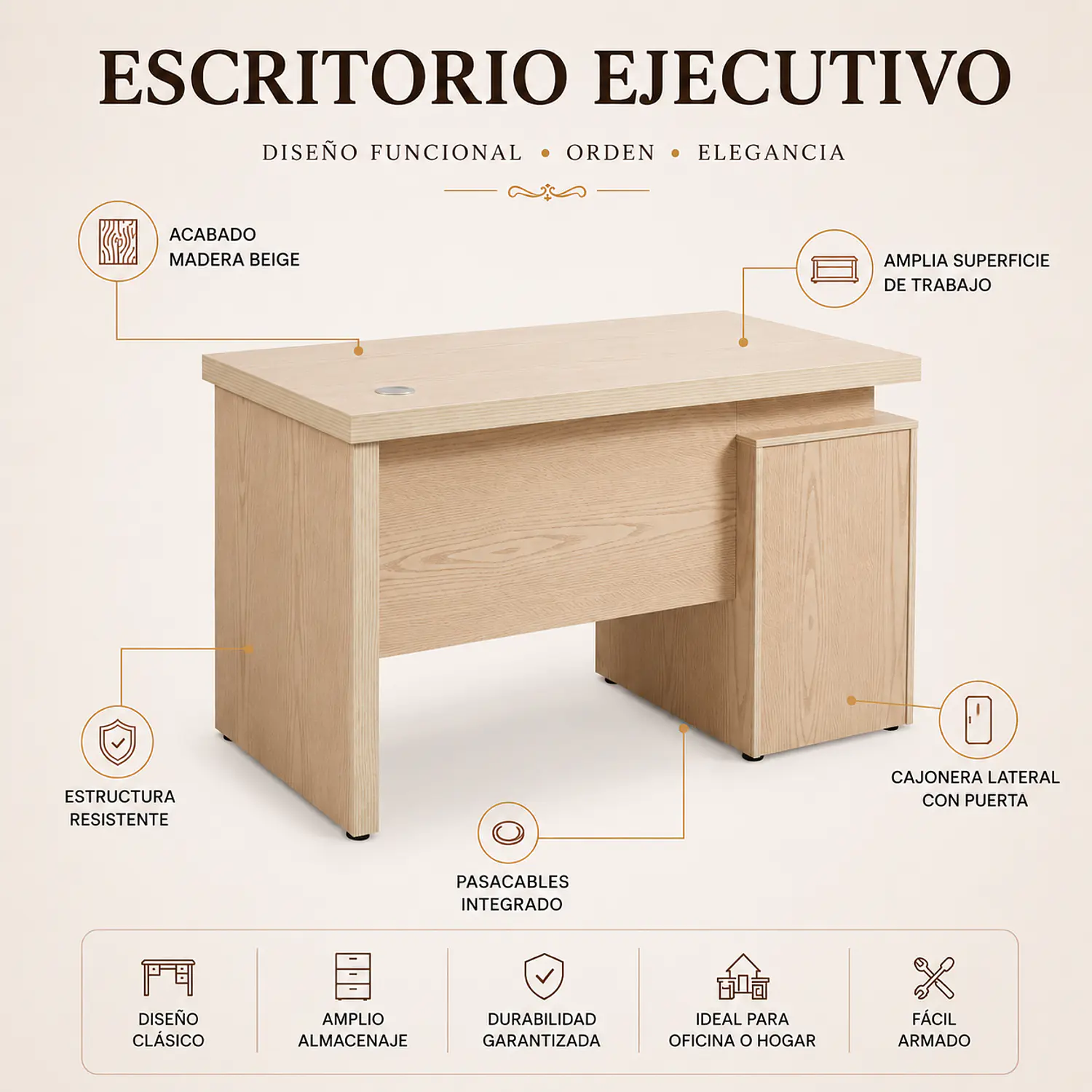Escritorio Ejecutivo Clásico Milán con 3 Cajones Color Beige 2