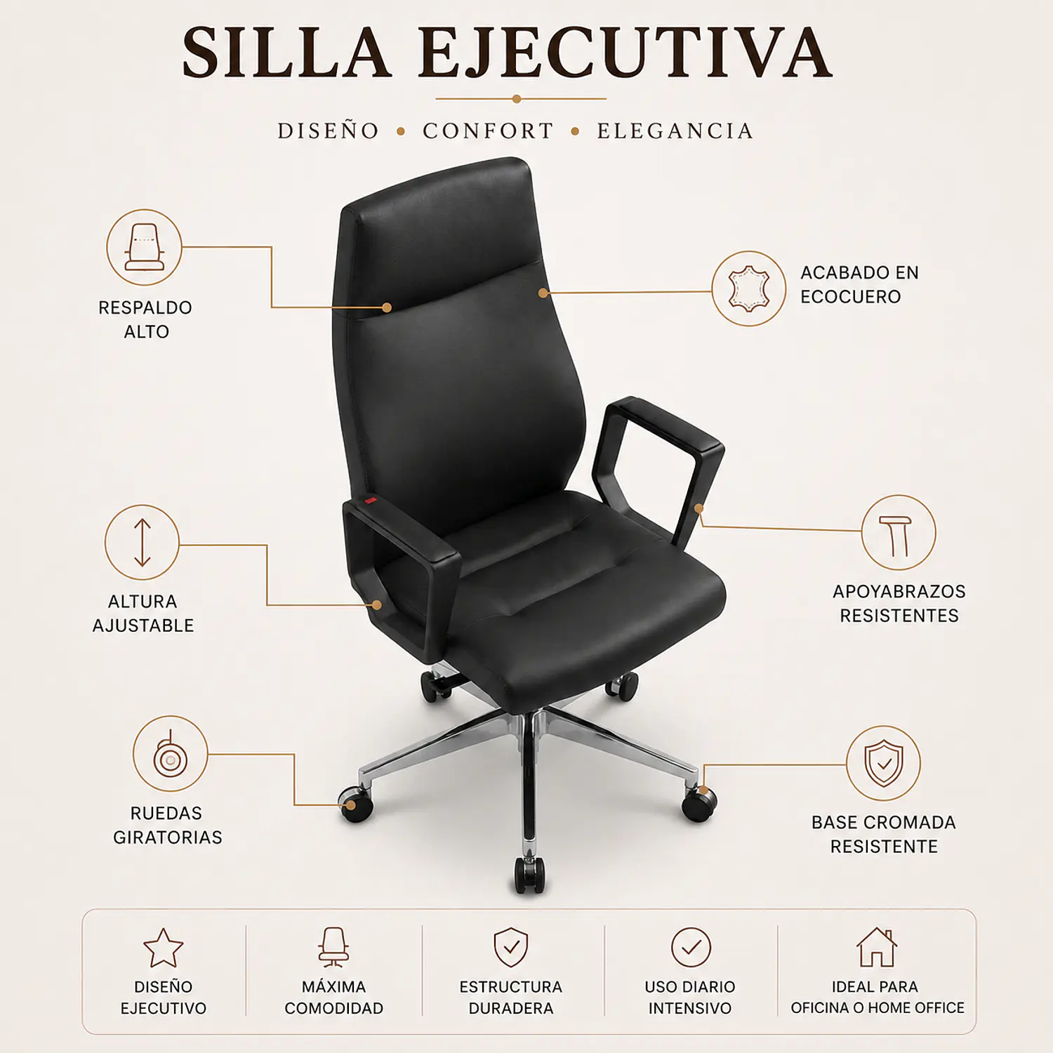 Silla de Oficina Ejecutiva Milano Alta en Ecocuero Negro 2