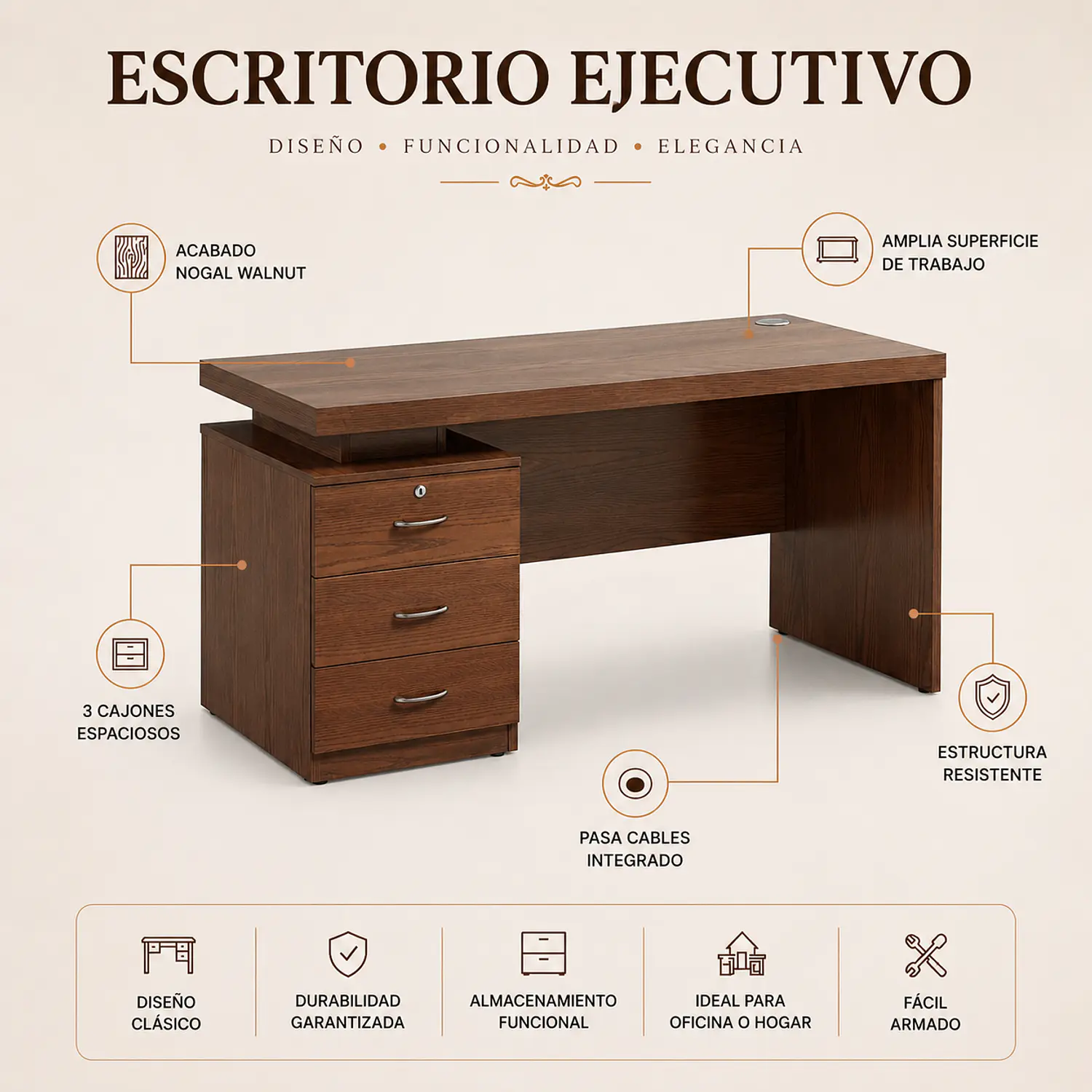 Escritorio Ejecutivo Clásico Verona 3 Cajones Nogal Walnut 2