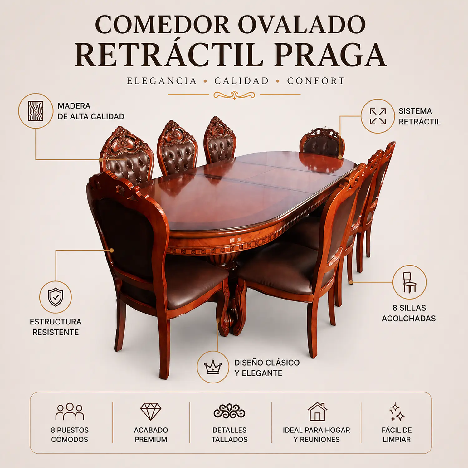 Comedor Ovalado Retráctil Praga 8 Puestos de Madera Clásico 2