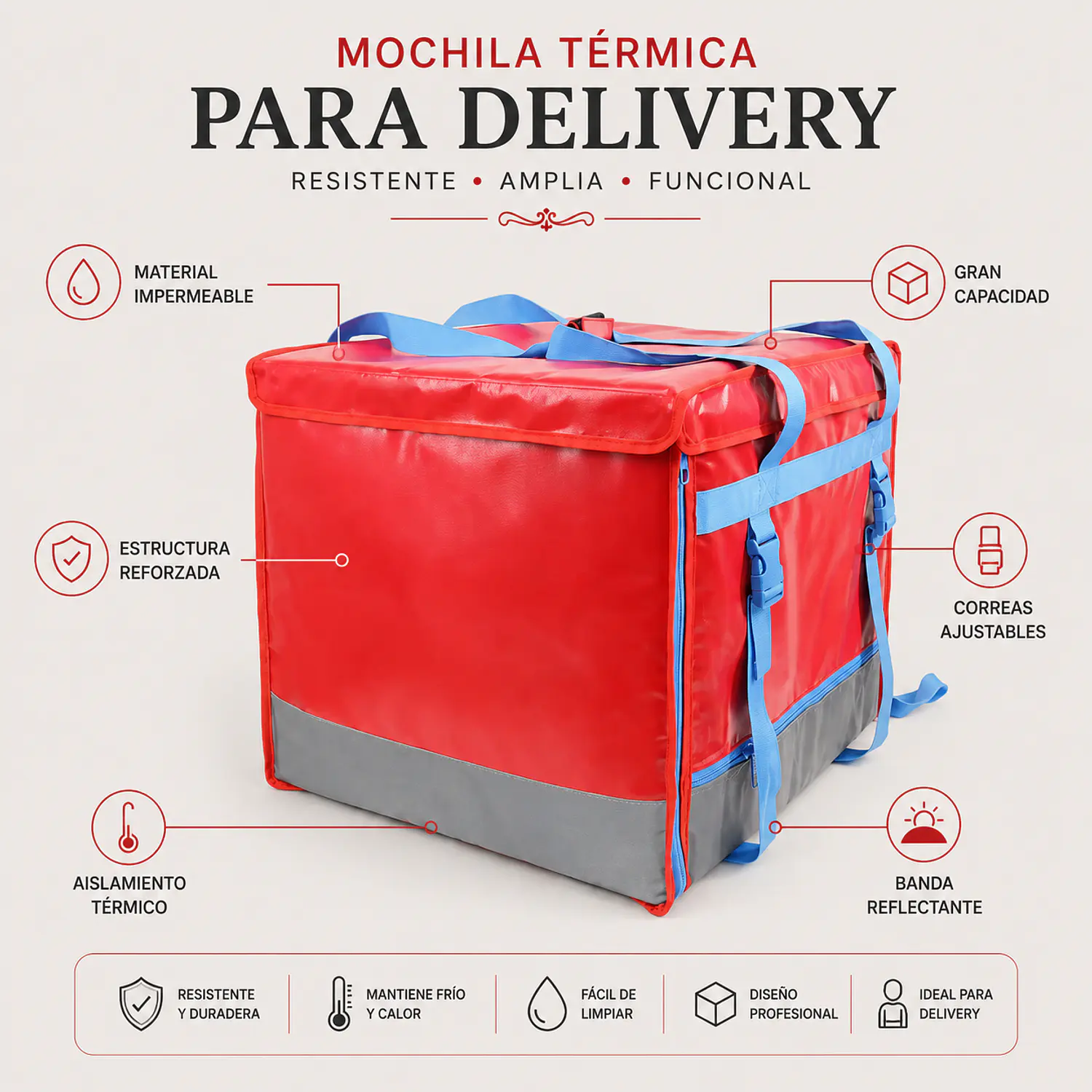 Mochila Térmica para Delivery Grande Roja Impermeable 129L 2
