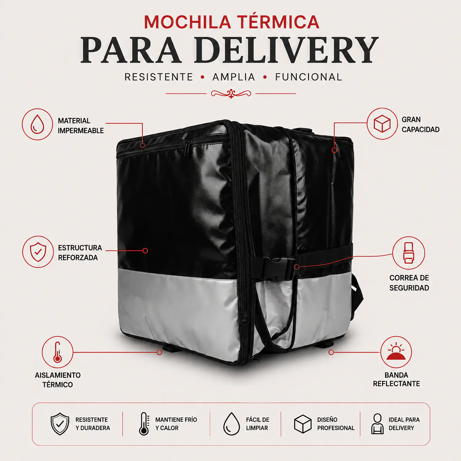 Mochila Delivery Térmica Impermeable Extensible Negra y Gris 80L 2