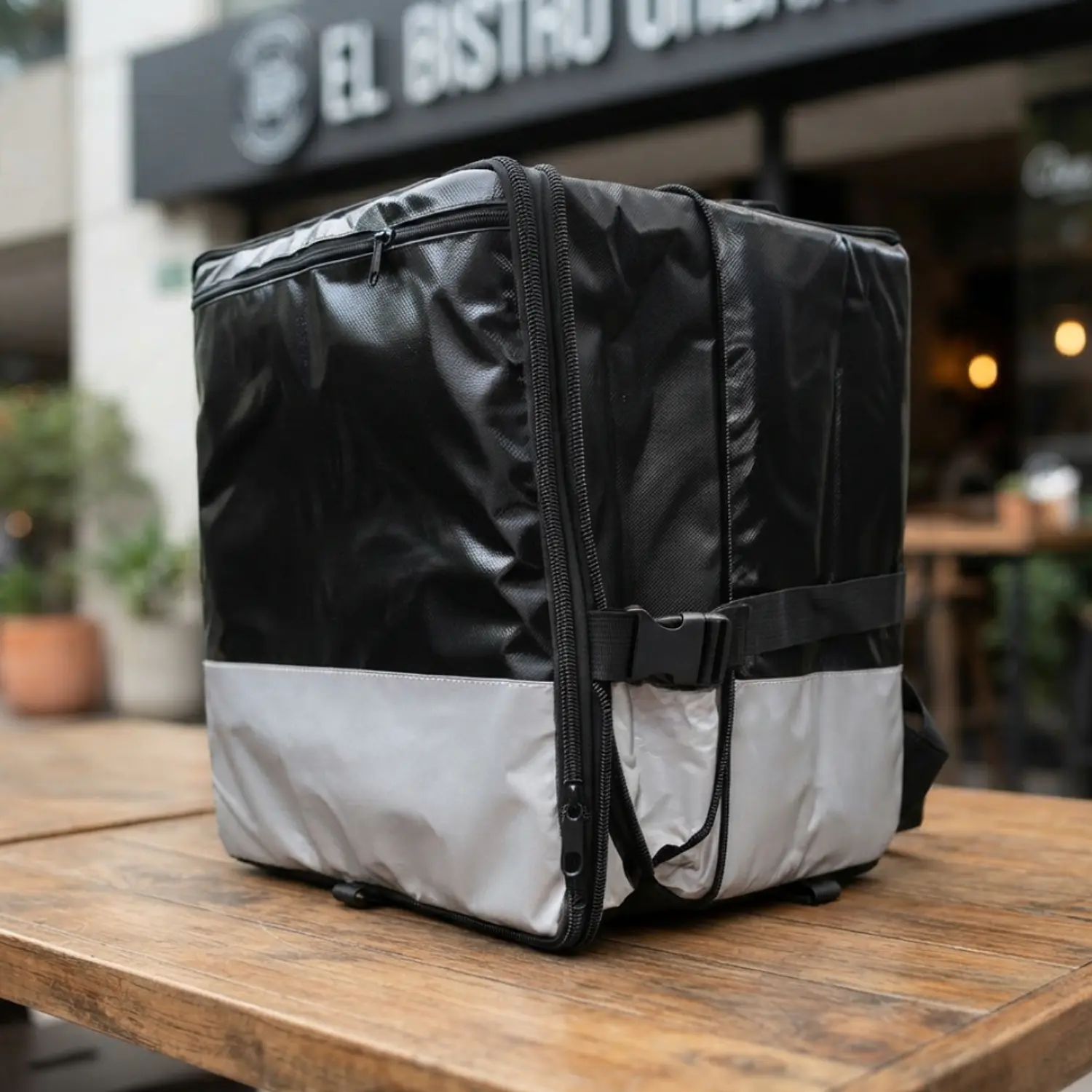 Mochila Delivery Térmica Impermeable Extensible Negra y Gris 80L 1