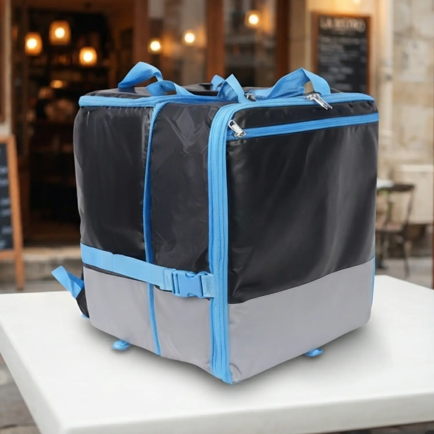 Mochila Delivery Extensible Impermeable 80L Negra y Azul 1