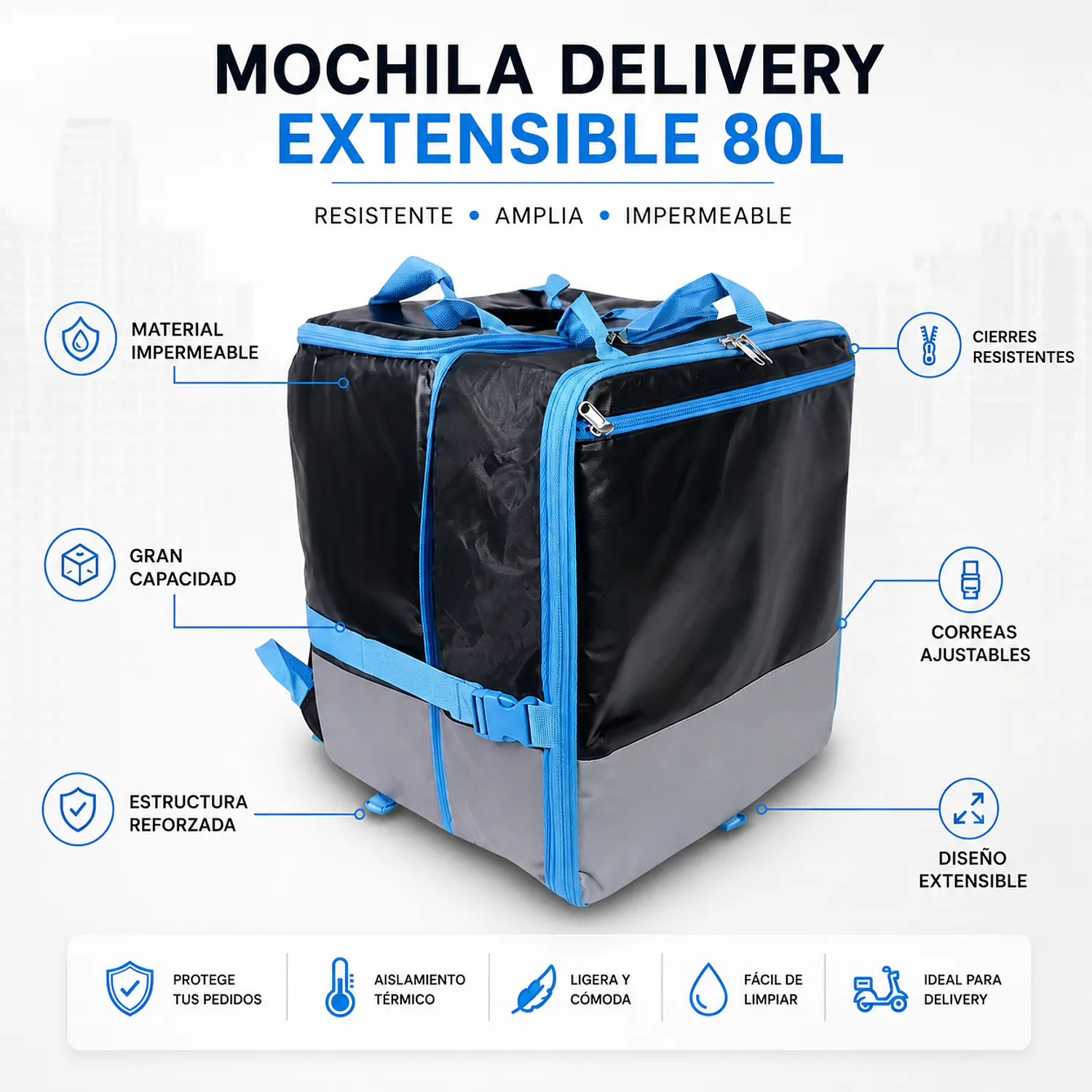 Mochila Delivery Extensible Impermeable 80L Negra y Azul 2