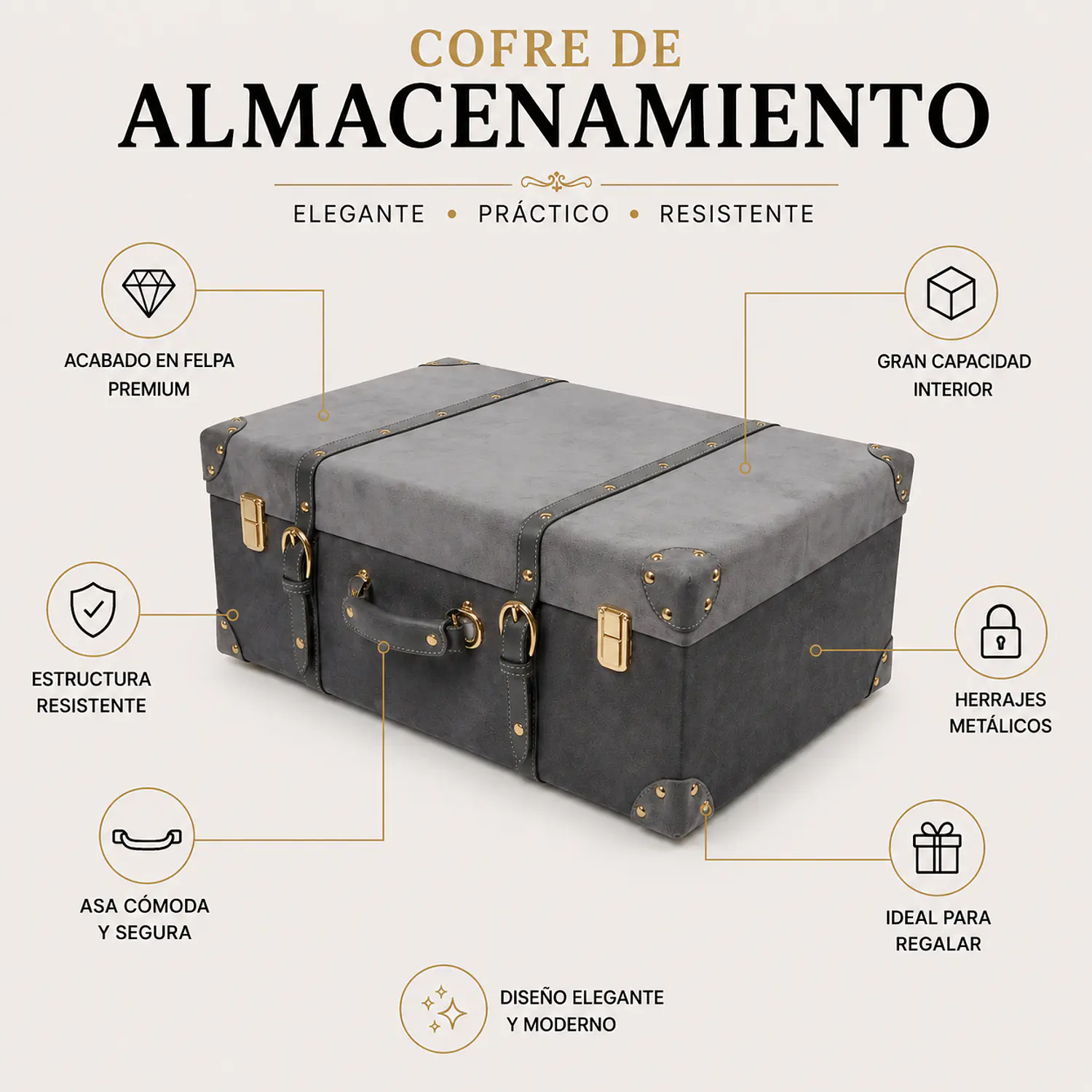 Cofre Gris de Almacenamiento para Joyas y Recuerdos en Felpa 2