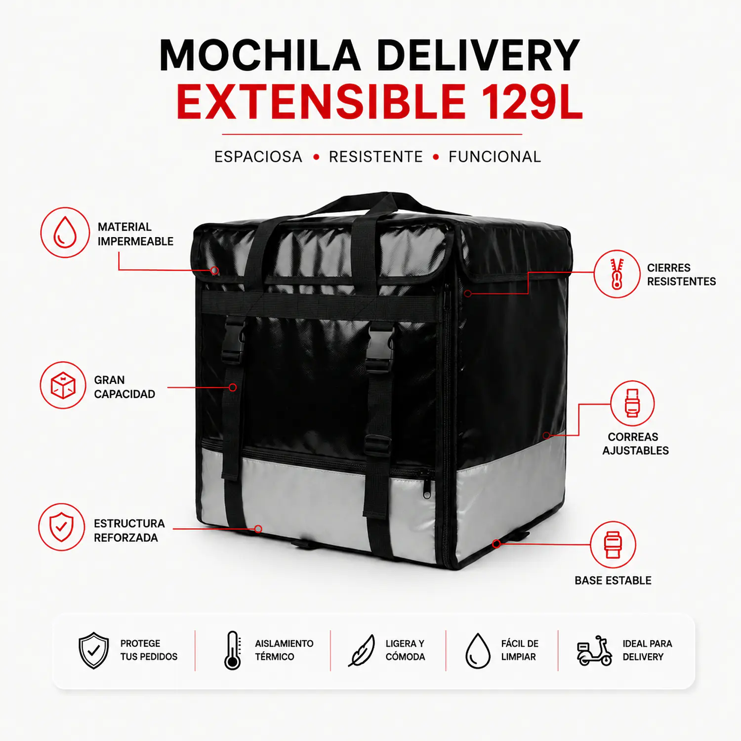 Mochila Térmica Delivery Grande Impermeable Negra 129L 2