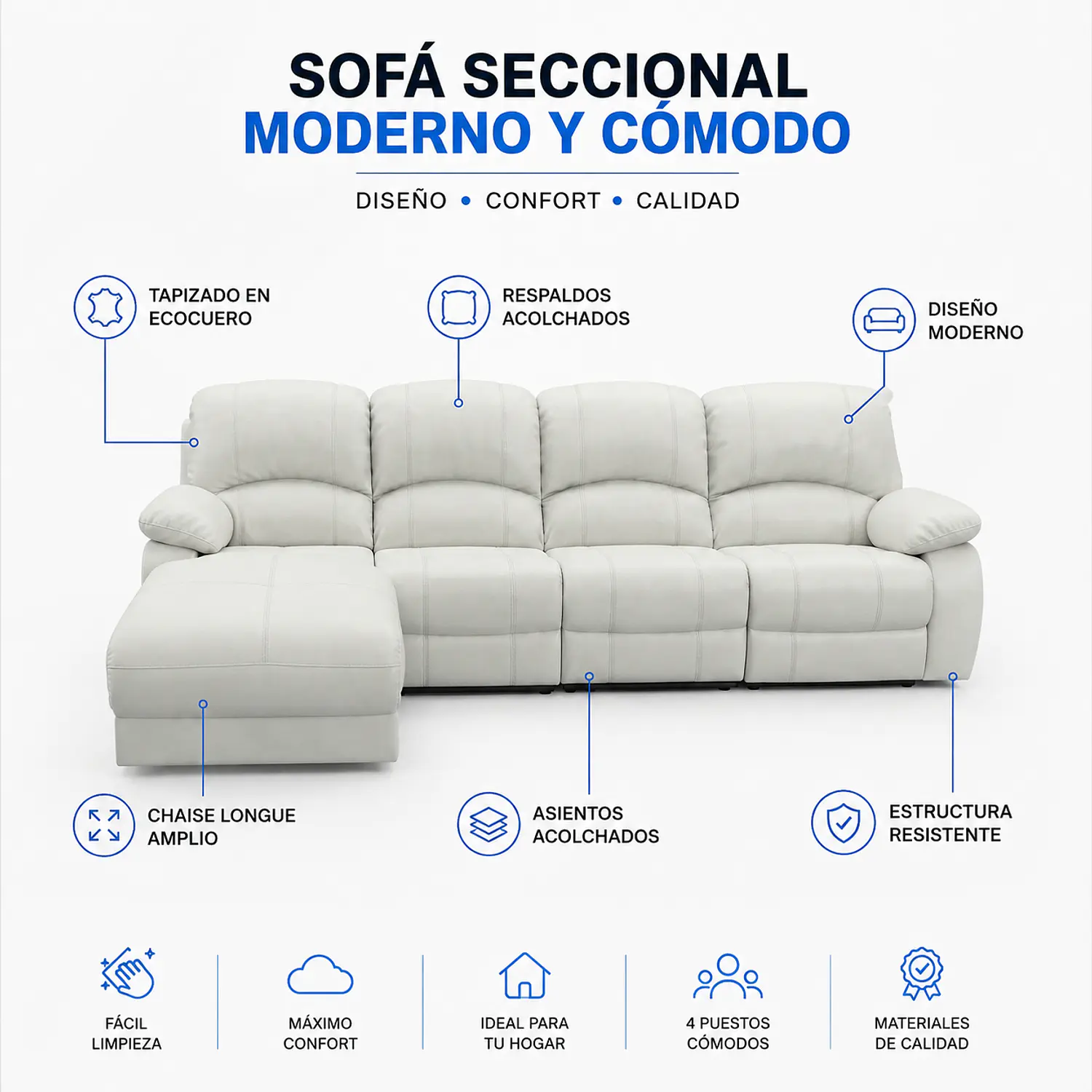 Sofá Seccional Blanco en Ecocuero con Chaise Longue 4 cuerpos 2