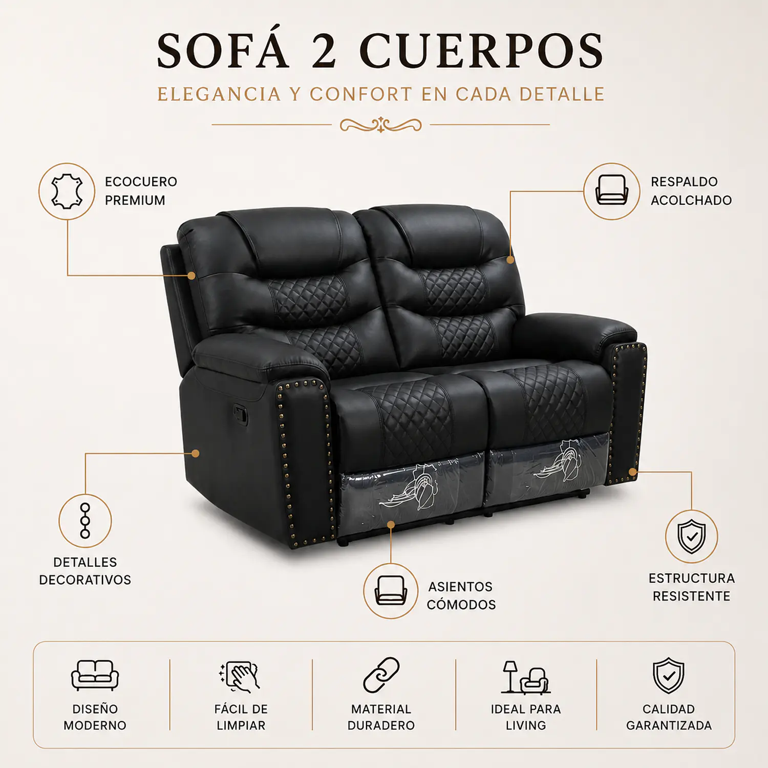 Sofá Tallin 2 Cuerpos Ecocuero Negro 2