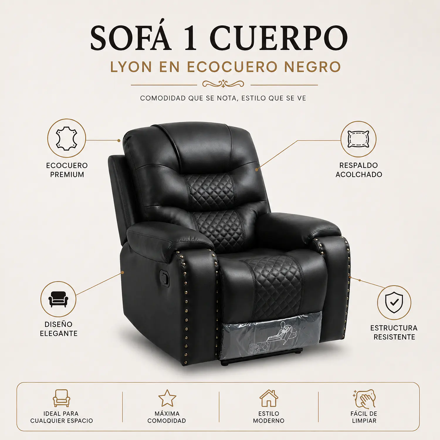 Sofá 1 Cuerpo Lyon en Ecocuero Negro 2