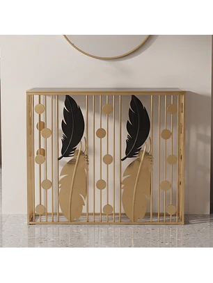 Mesa de Arrimo Base Dorada con Plumas y Cubierta de Vidrio Negro