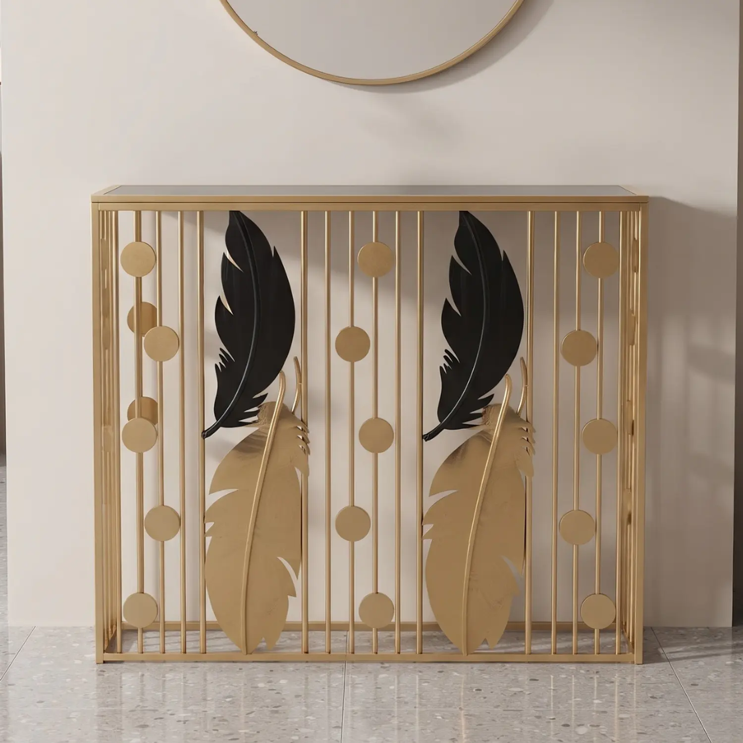 Mesa de Arrimo Base Dorada con Plumas y Cubierta de Vidrio Negro 1