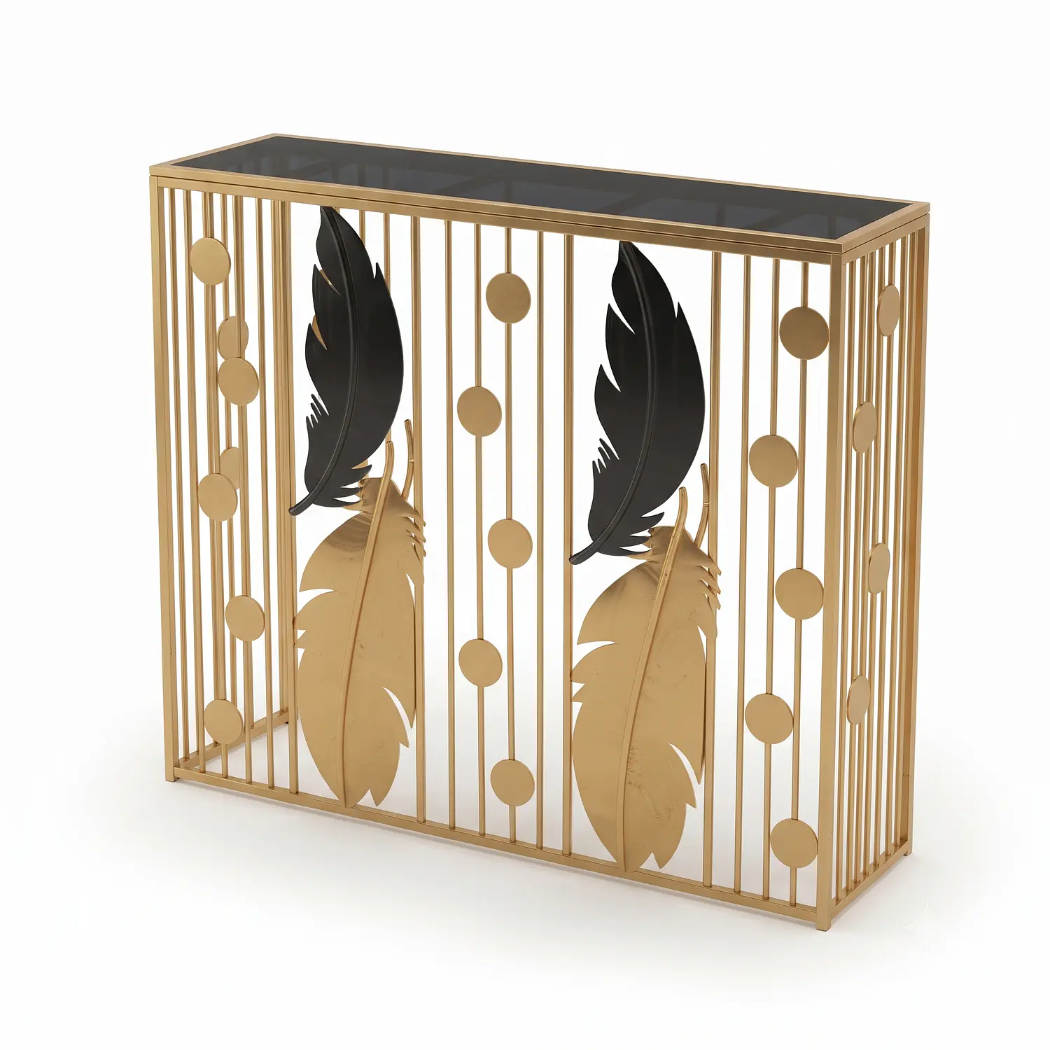 Mesa de Arrimo Base Dorada con Plumas y Cubierta de Vidrio Negro 3
