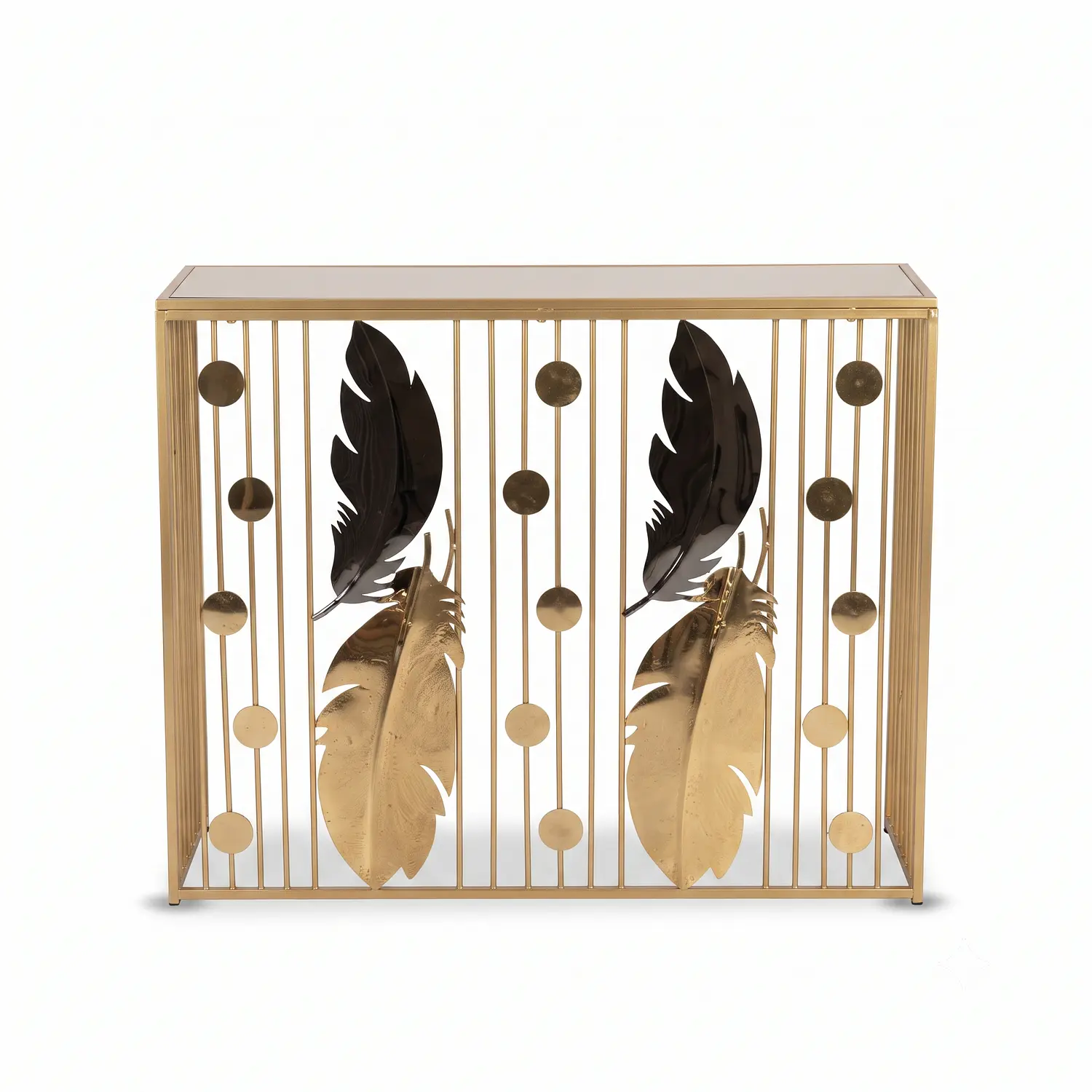 Mesa de Arrimo Base Dorada con Plumas y Cubierta de Vidrio Negro 4