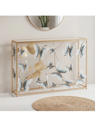 Mesa de Arrimo Dorada con Mariposas y Vidrio Blanco
