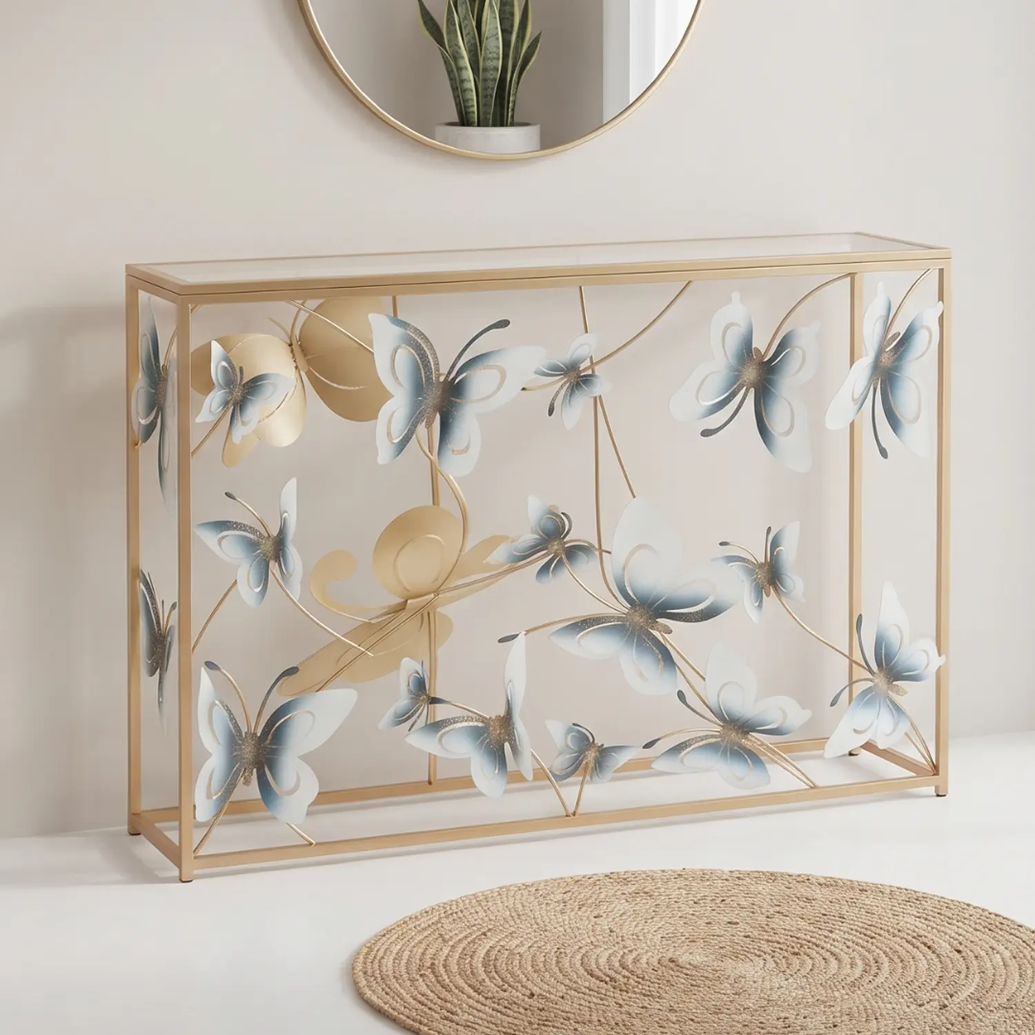 Mesa de Arrimo Dorada con Mariposas y Vidrio Blanco 1
