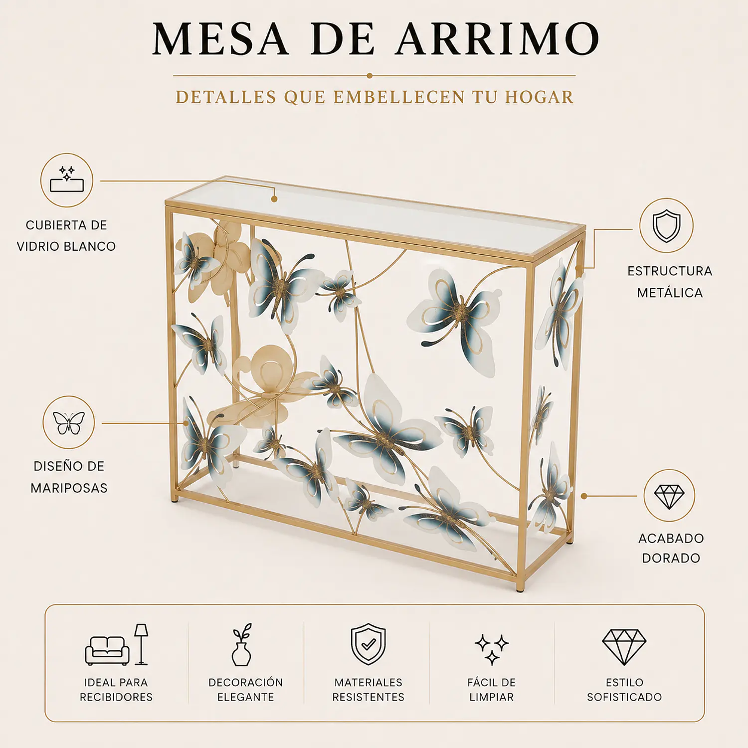 Mesa de Arrimo Dorada con Mariposas y Vidrio Blanco 2