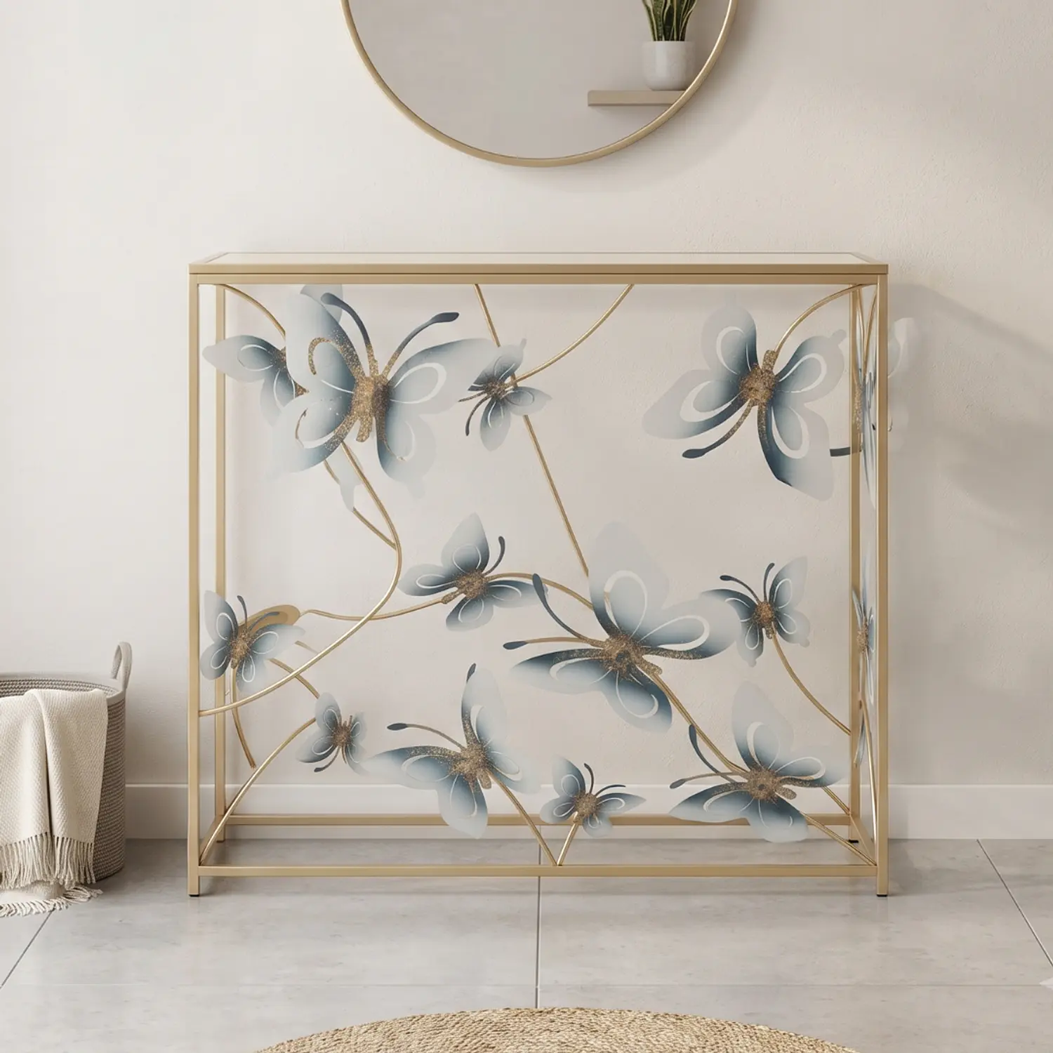 Mesa de Arrimo Dorada con Mariposas y Vidrio Blanco 3