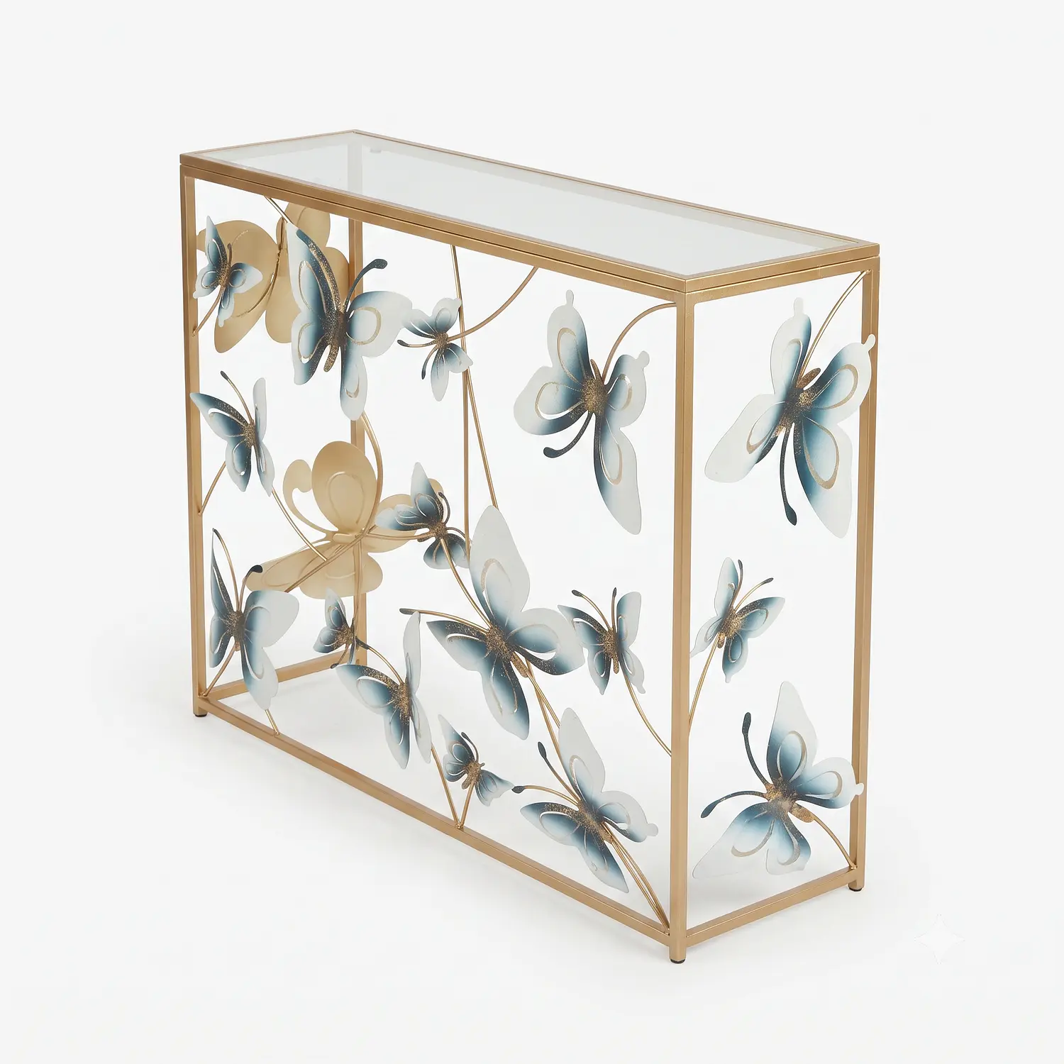 Mesa de Arrimo Dorada con Mariposas y Vidrio Blanco 4