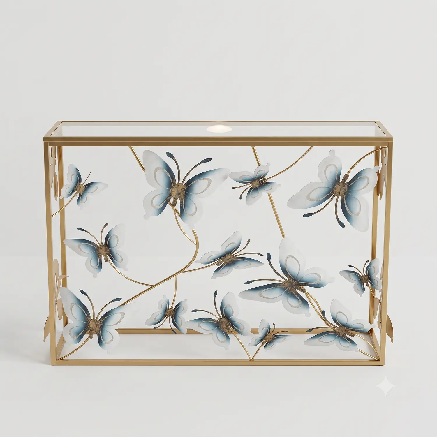 Mesa de Arrimo Dorada con Mariposas y Vidrio Blanco 5