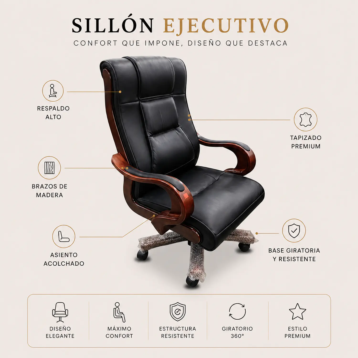 Silla Gerencial Lipari Cuero y Base Madera 2