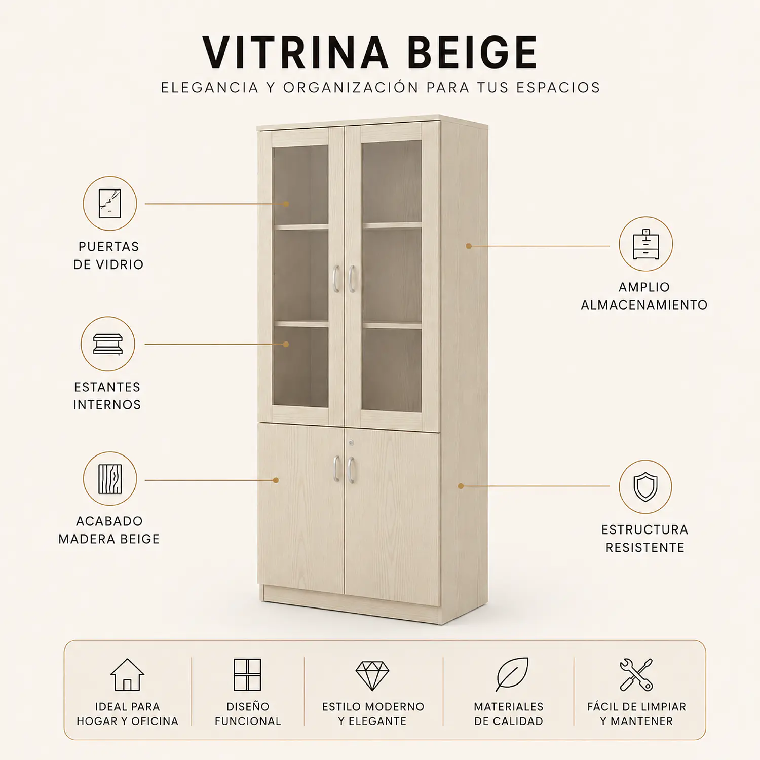 Vitrina Sofía de Madera Beige con Vidrio, Estante y Puertas 2