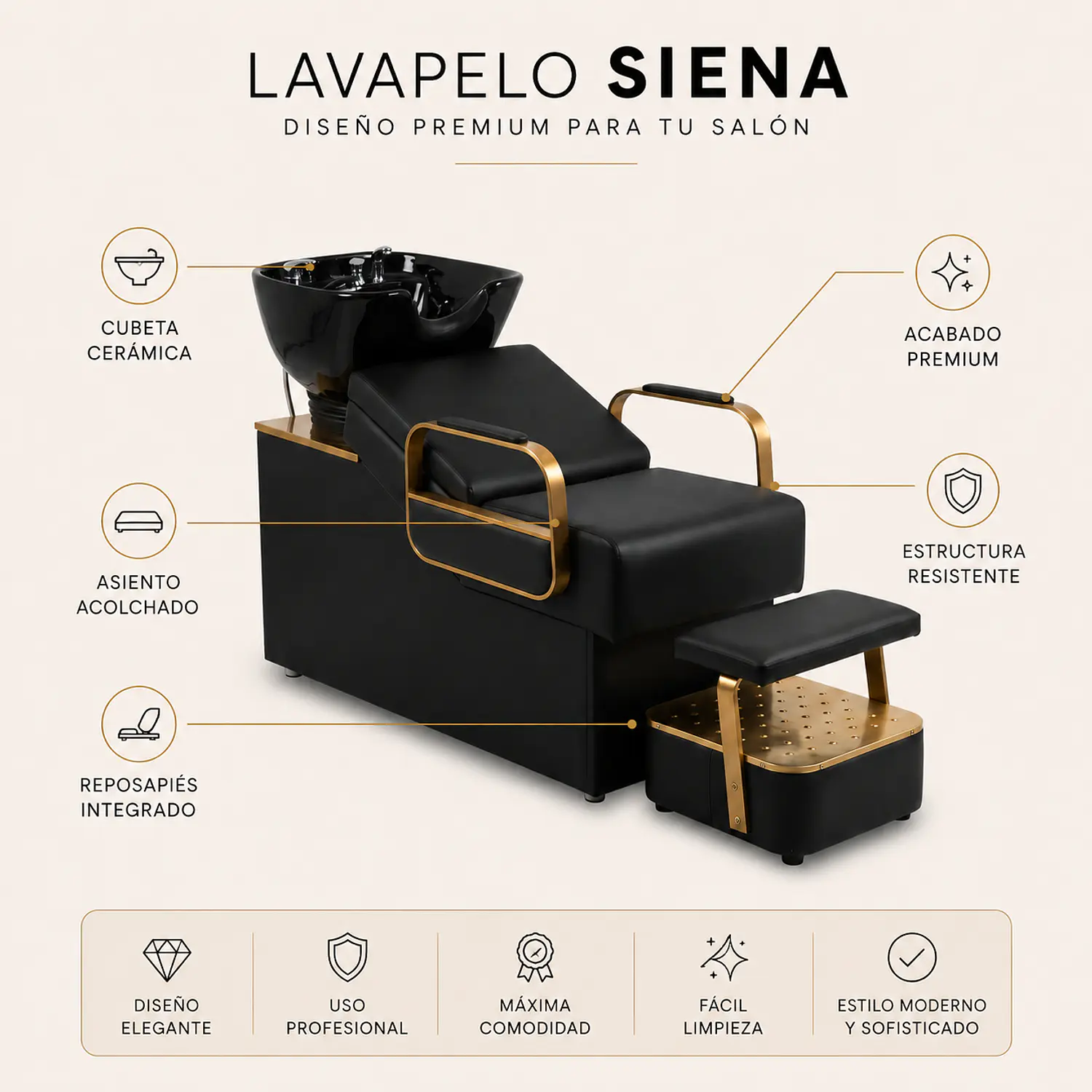 Lavapelo Siena Cerámico Negro Dorado con Reposapiés  2