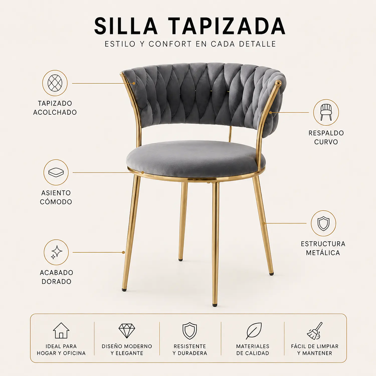 Silla Manicure de Felpa Profesional con Base Dorada  2