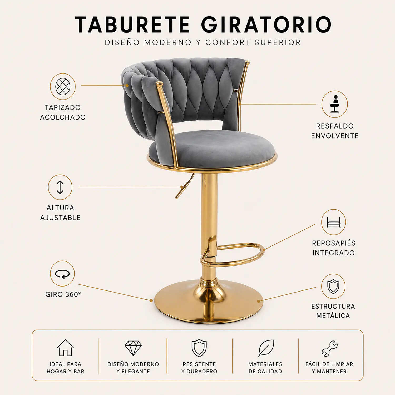 Taburete de Bar Giratorio Trenzado Felpa con Posa Pies y Base Dorada 2