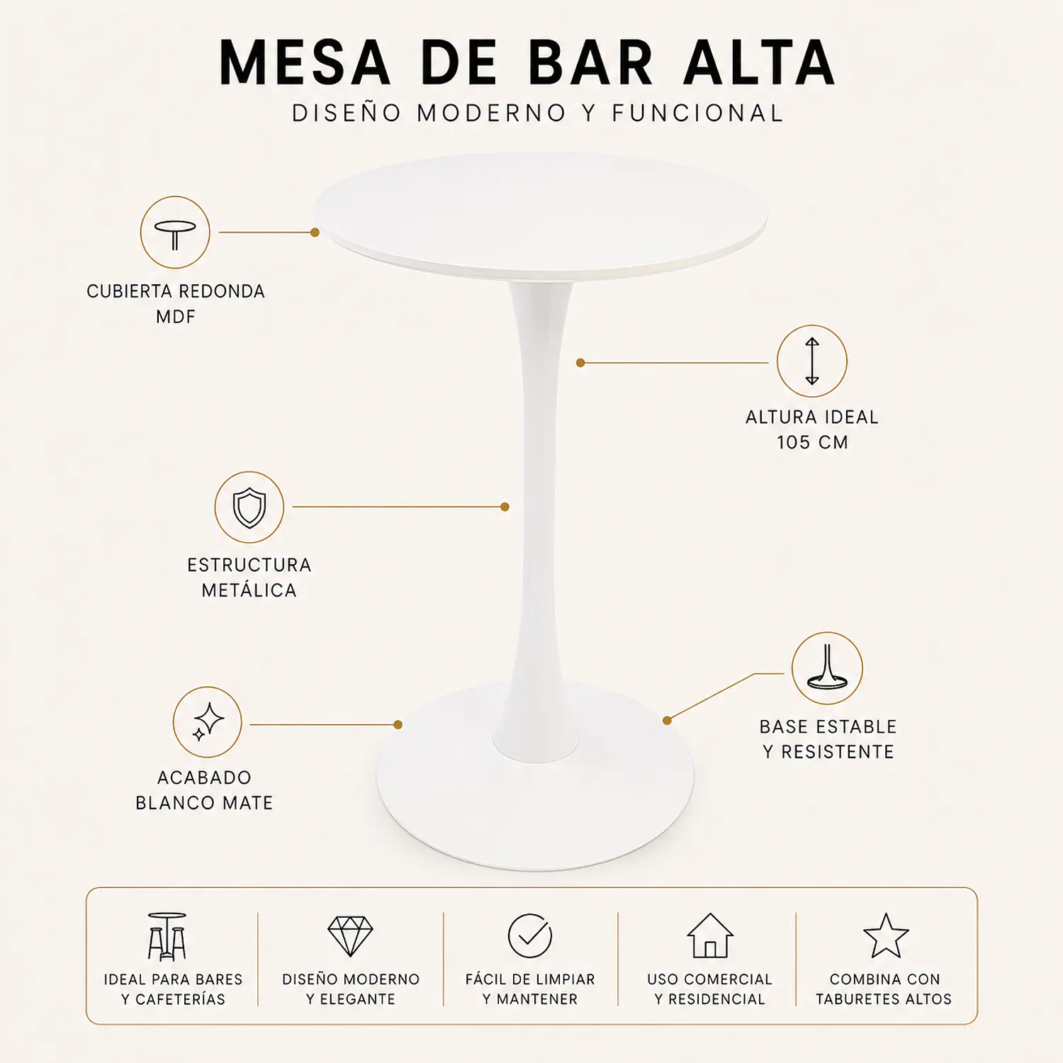 Mesa de Bar Alta Redonda Blanca París 105x60 cm MDF y Metal 2