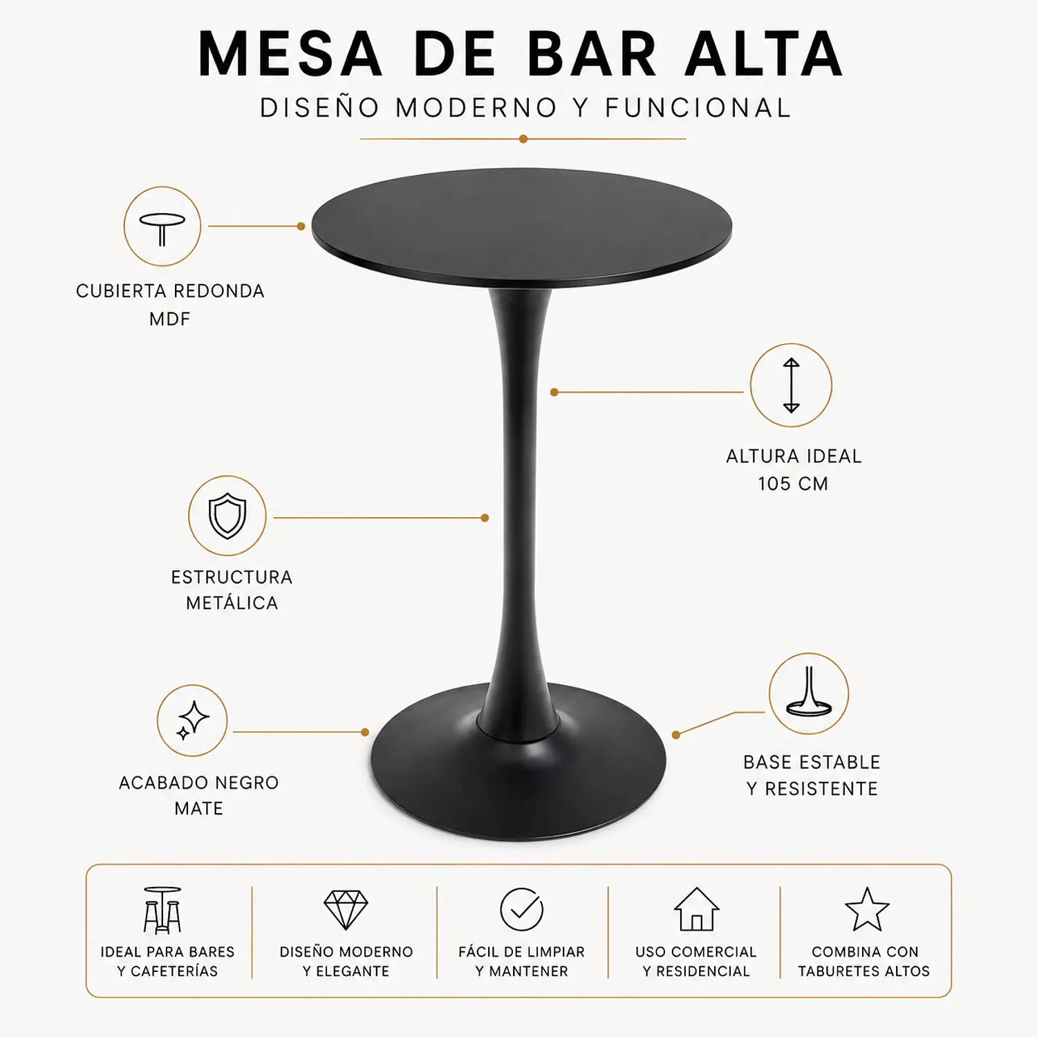 Mesa Alta de Bar Negra Redonda Lisboa MDF y Metal 105x60 cm 2