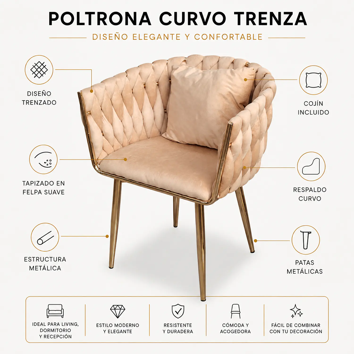 Poltrona Sofía Curvo Trenzado en Felpa Beige 2