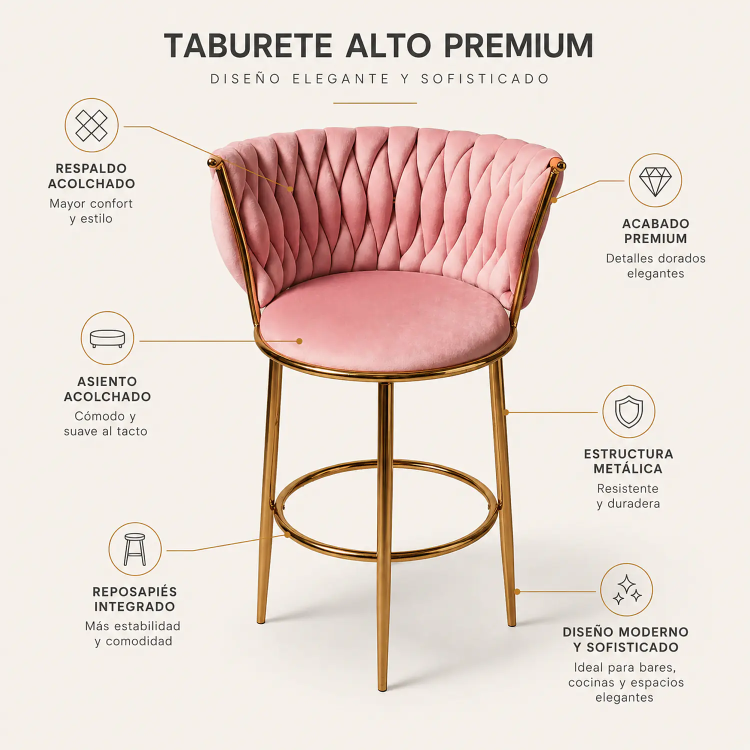 Taburete Bar Fijo Vaduz en Felpa Rosa Velvet  2