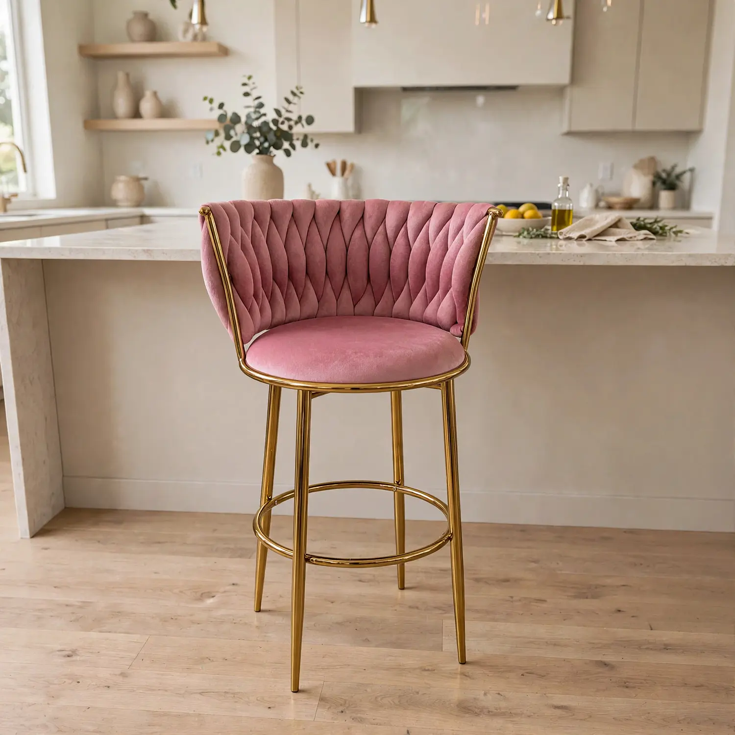 Taburete Bar Fijo Vaduz en Felpa Rosa Velvet  1