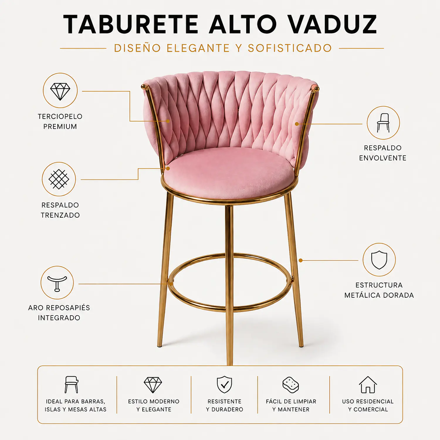 Set 2 Taburetes Altos Vaduz Terciopelo Rosa Estructura Dorada 2