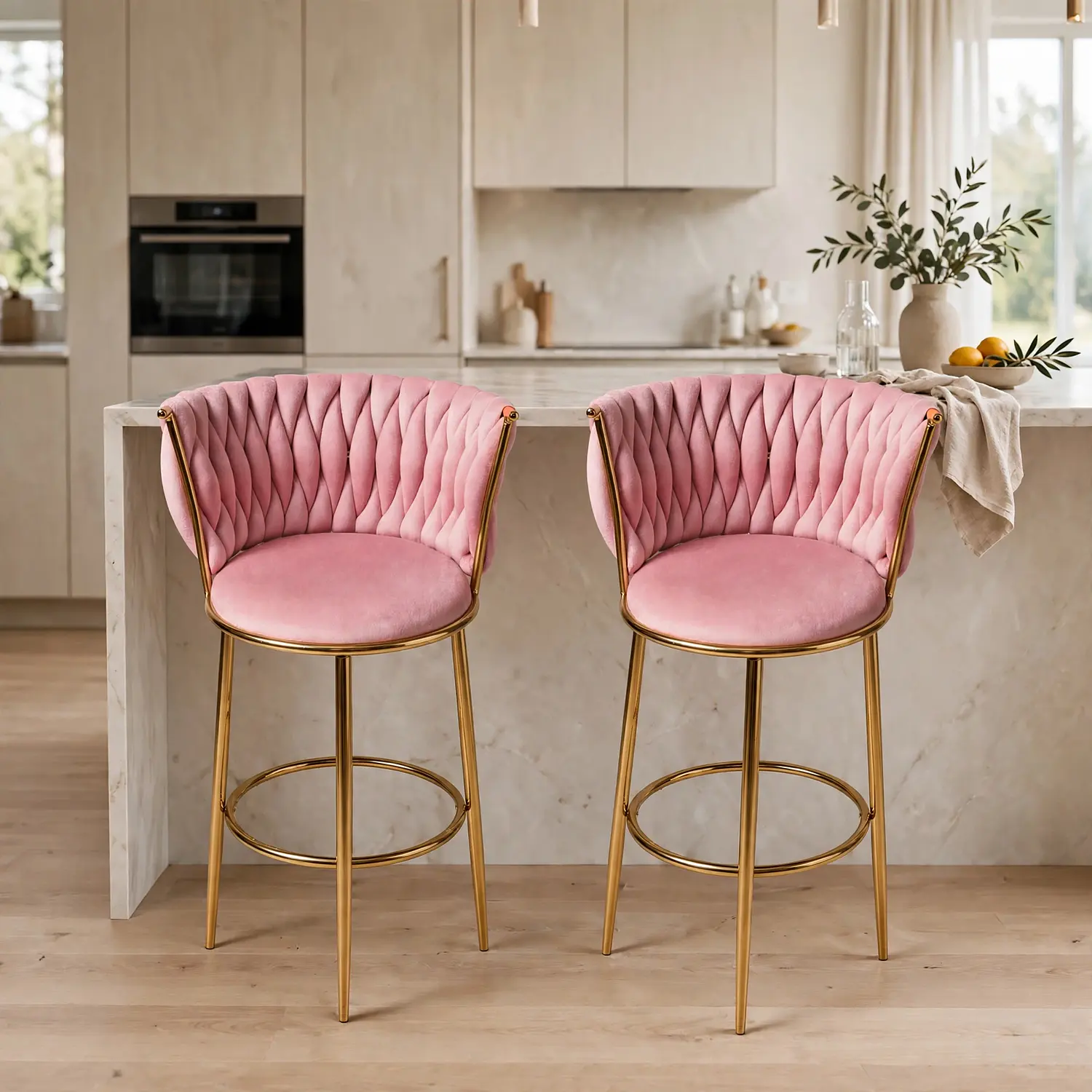 Set 2 Taburetes Altos Vaduz Terciopelo Rosa Estructura Dorada 1