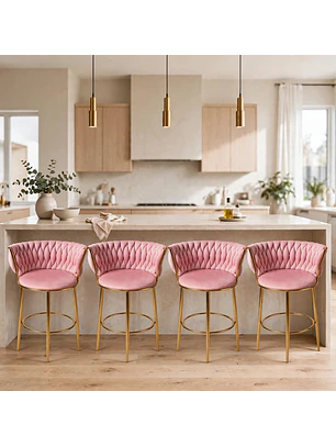 Set de 4 Taburetes Altos Vaduz Terciopelo Rosa Estructura Dorada