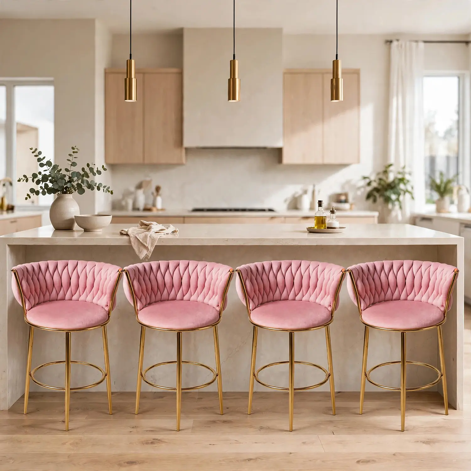 Set de 4 Taburetes Altos Vaduz Terciopelo Rosa Estructura Dorada 1