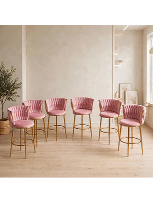 Set de 6 Taburetes Altos Vaduz Terciopelo Rosa Estructura Dorada