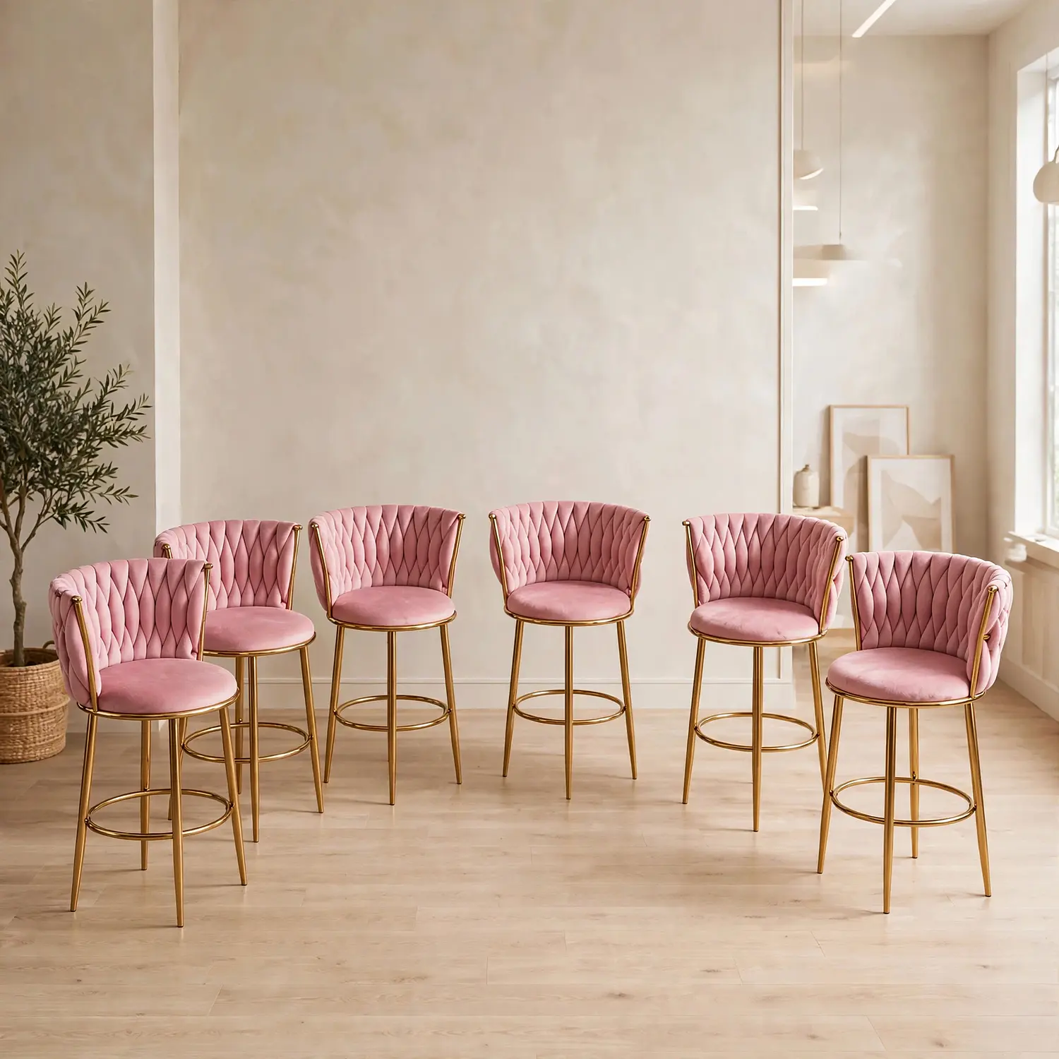 Set de 6 Taburetes Altos Vaduz Terciopelo Rosa Estructura Dorada 1