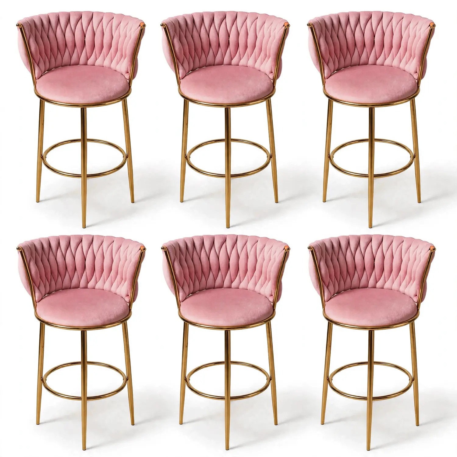 Set de 6 Taburetes Altos Vaduz Terciopelo Rosa Estructura Dorada 2