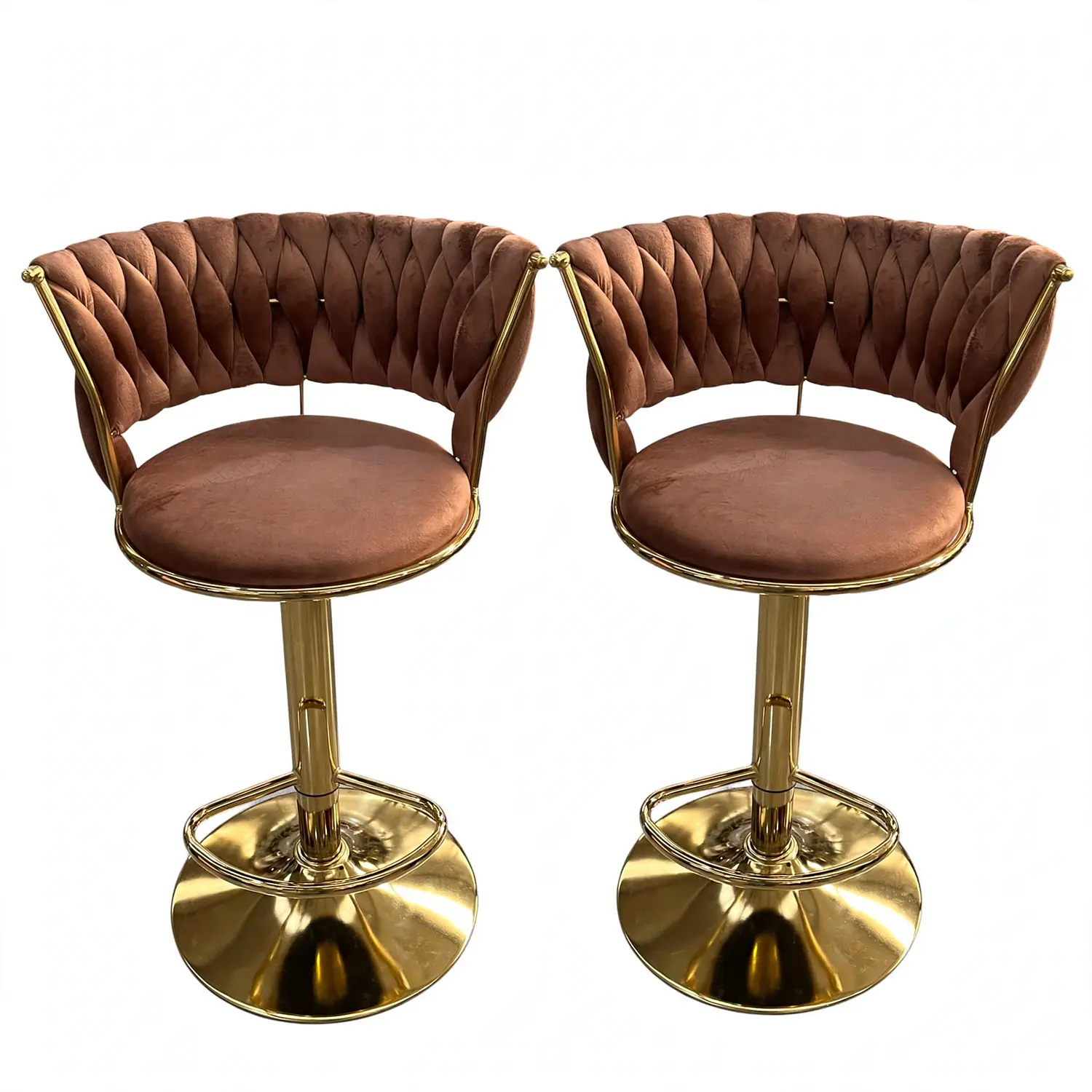 Set 2 Taburetes de Bar Trenzados Giratorios Felpa Base Dorada con Posa Pies 5