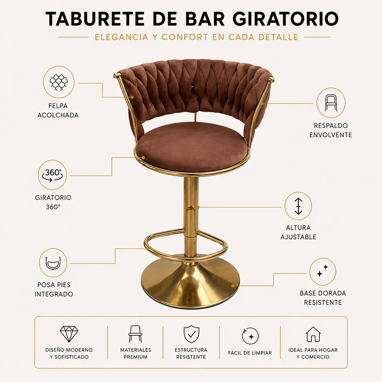 Set 6 Taburetes de Bar Giratorios Felpa Base Dorada con Posa Pies 2